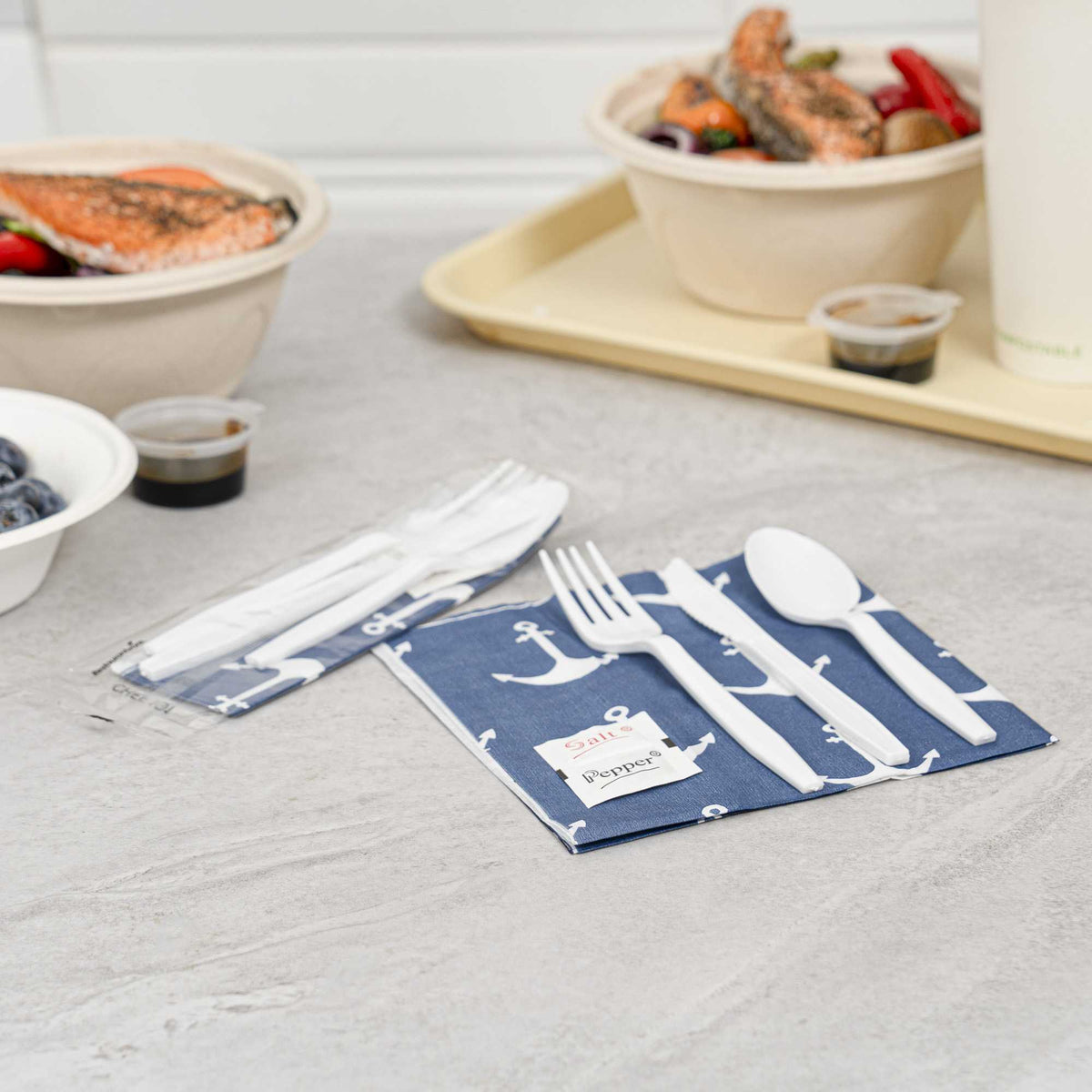 Chef 101 White Plastic Cutlery Set - Navy Blue Napkin with Anchor Print, Salt/Pepper Packets, Heavy Weight, Wrapped - 9 1/4" - 100 count box