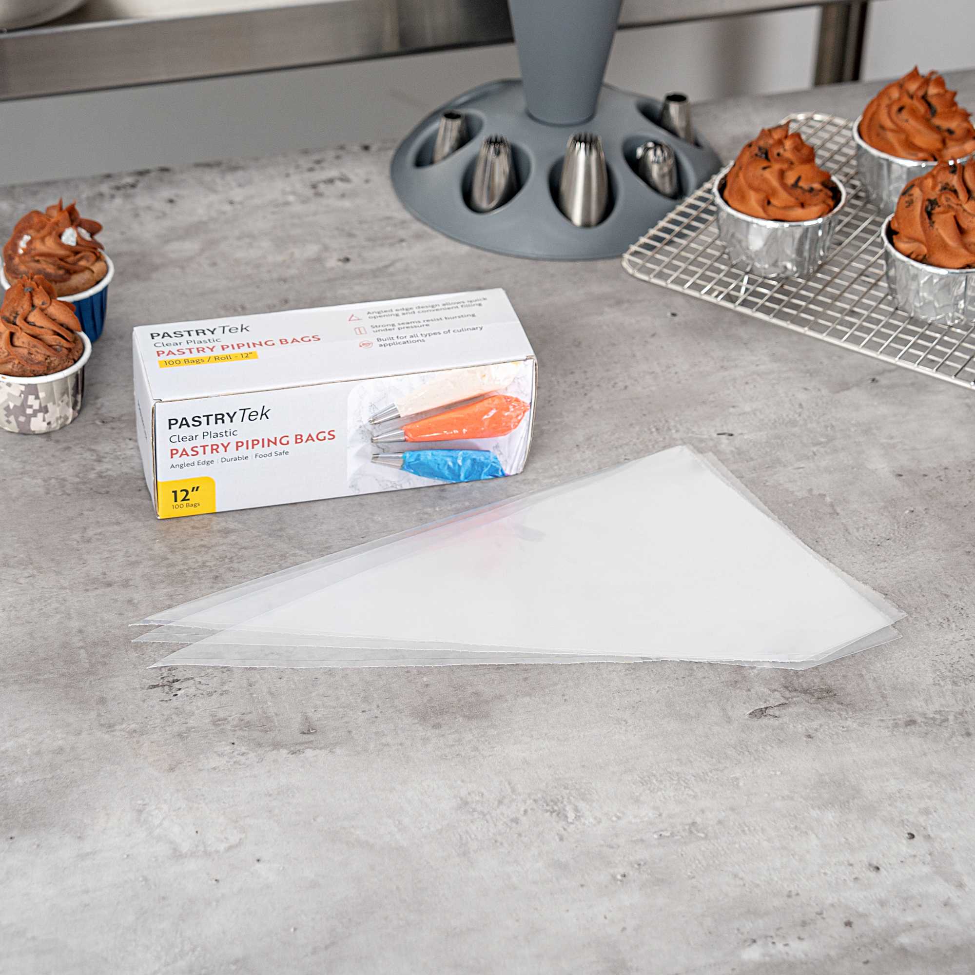 Pastry Tek Clear Plastic Disposable Pastry Piping Bag - 100 Bags / Roll, Angled Edge - 12" - 1 count box