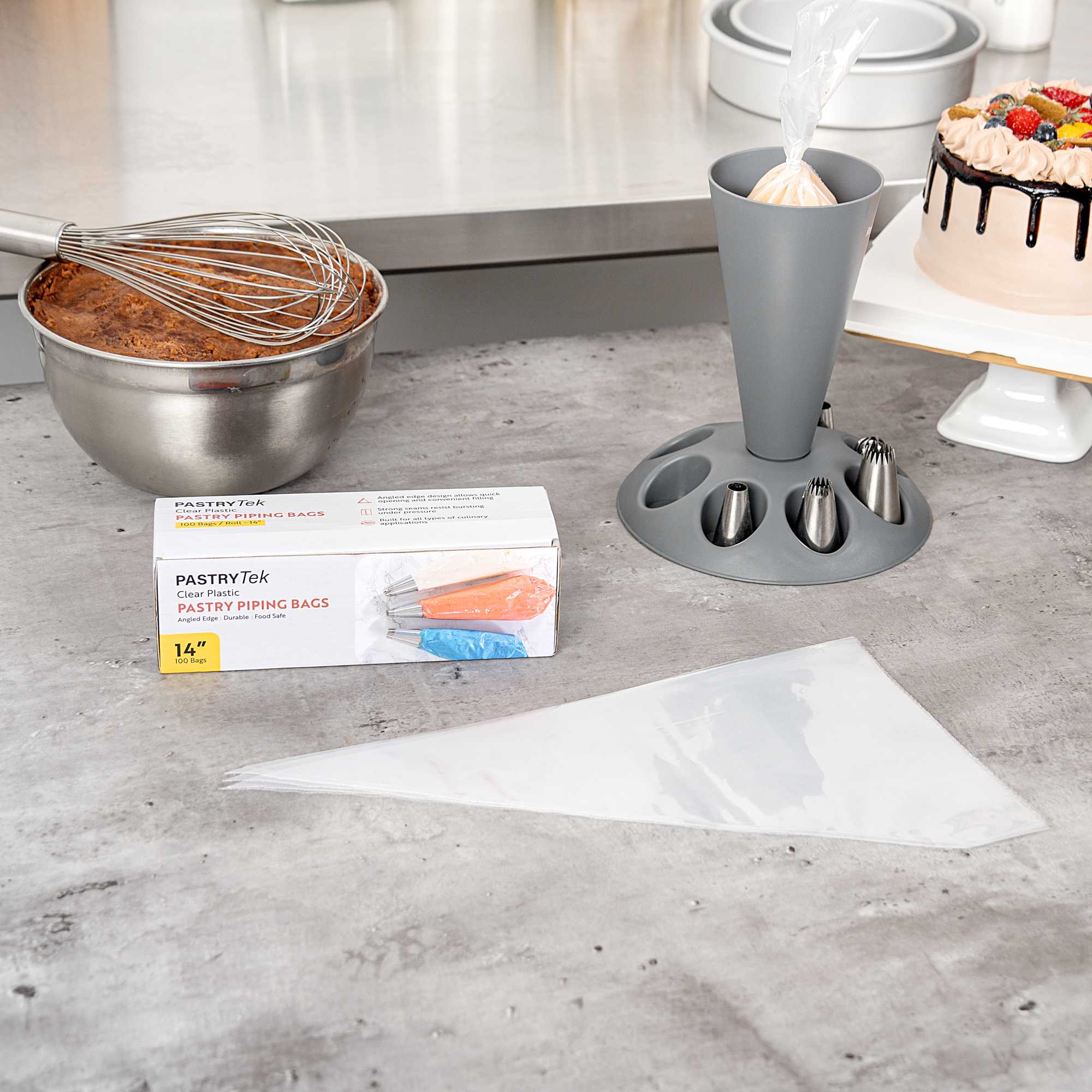 Pastry Tek Clear Plastic Disposable Pastry Piping Bag - 100 Bags / Roll, Angled Edge - 14" - 1 count box