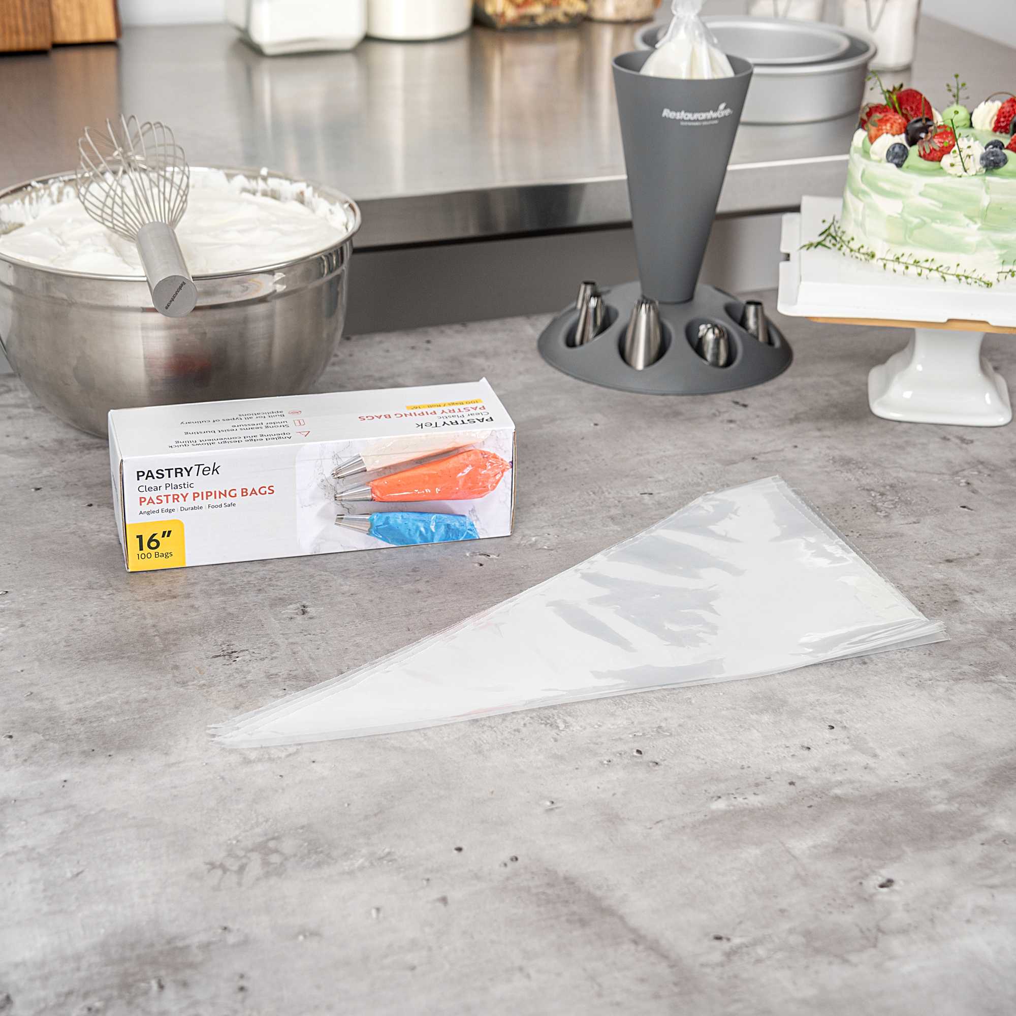 Pastry Tek Clear Plastic Disposable Pastry Piping Bag - 100 Bags / Roll, Angled Edge - 16" - 1 count box