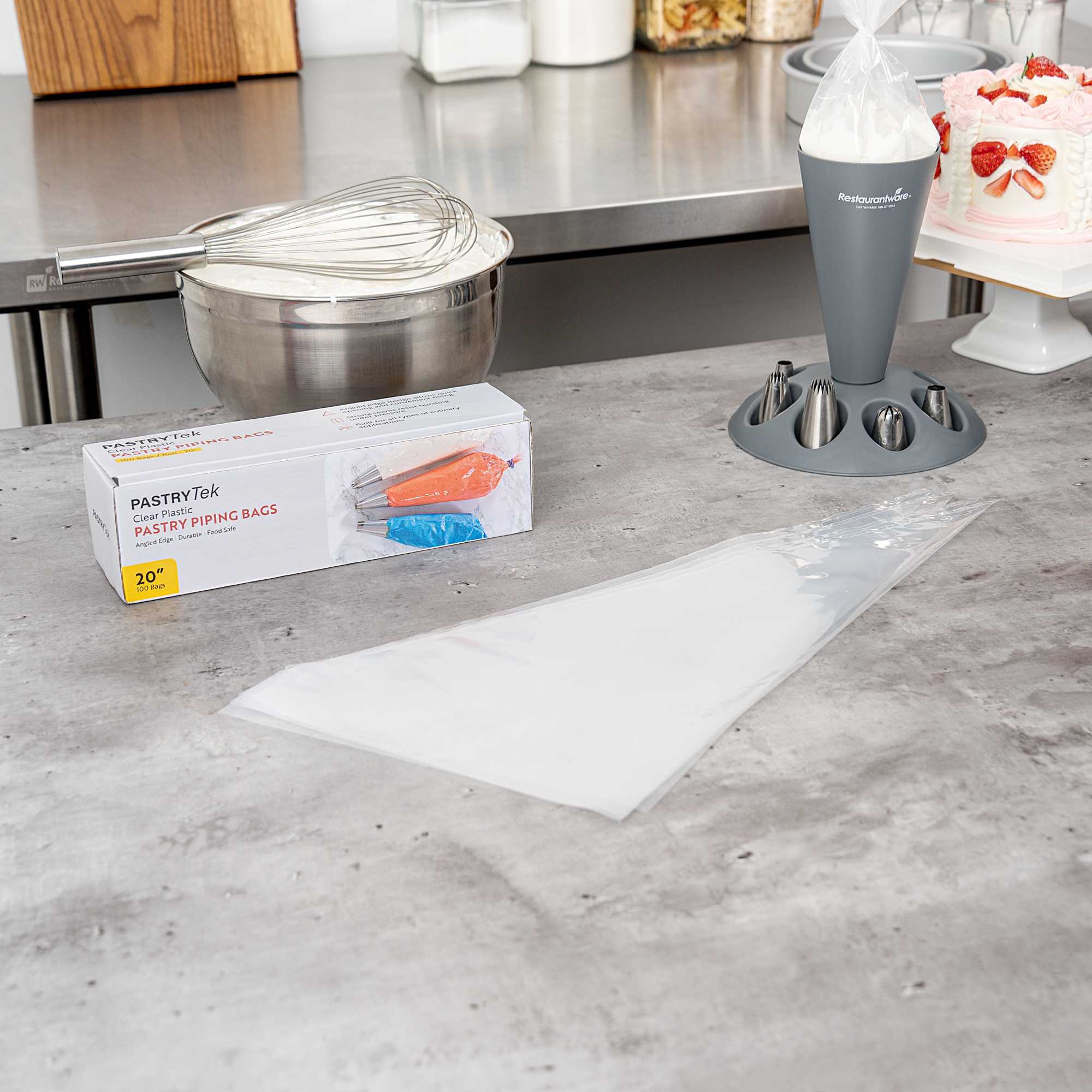 Pastry Tek Clear Plastic Disposable Pastry Piping Bag - 100 Bags / Roll, Angled Edge - 20" - 1 count box