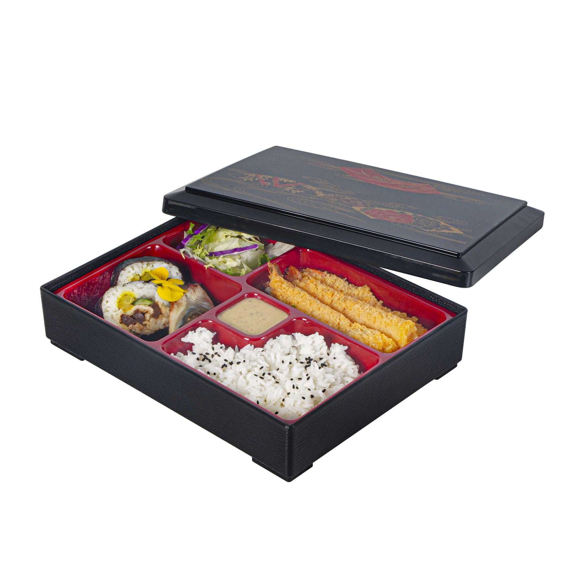 Bento Tek Rectangle Black Bento Box - 5-Compartments, with Removable Red Tray and Lid - 10 3/4" x 8 1/4" x 2 1/4" - 1 count box
