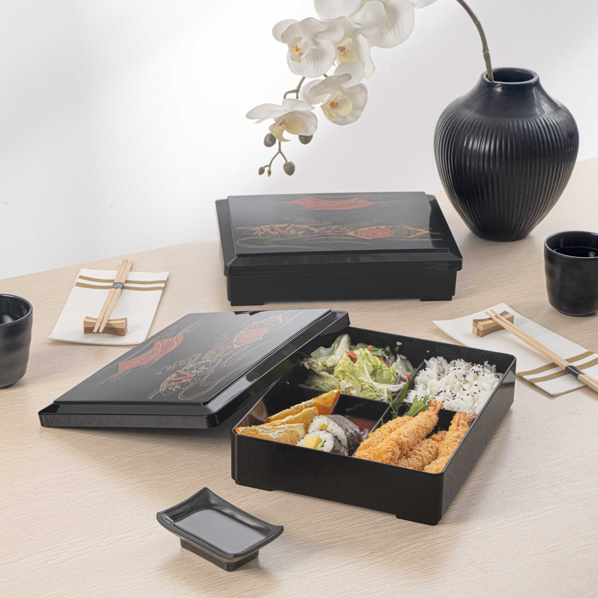 Bento Tek Rectangle Black Bento Box - 5 Compartments, with Lid - 10 3/4" x 8 1/4" x 2 1/4" - 1 count box