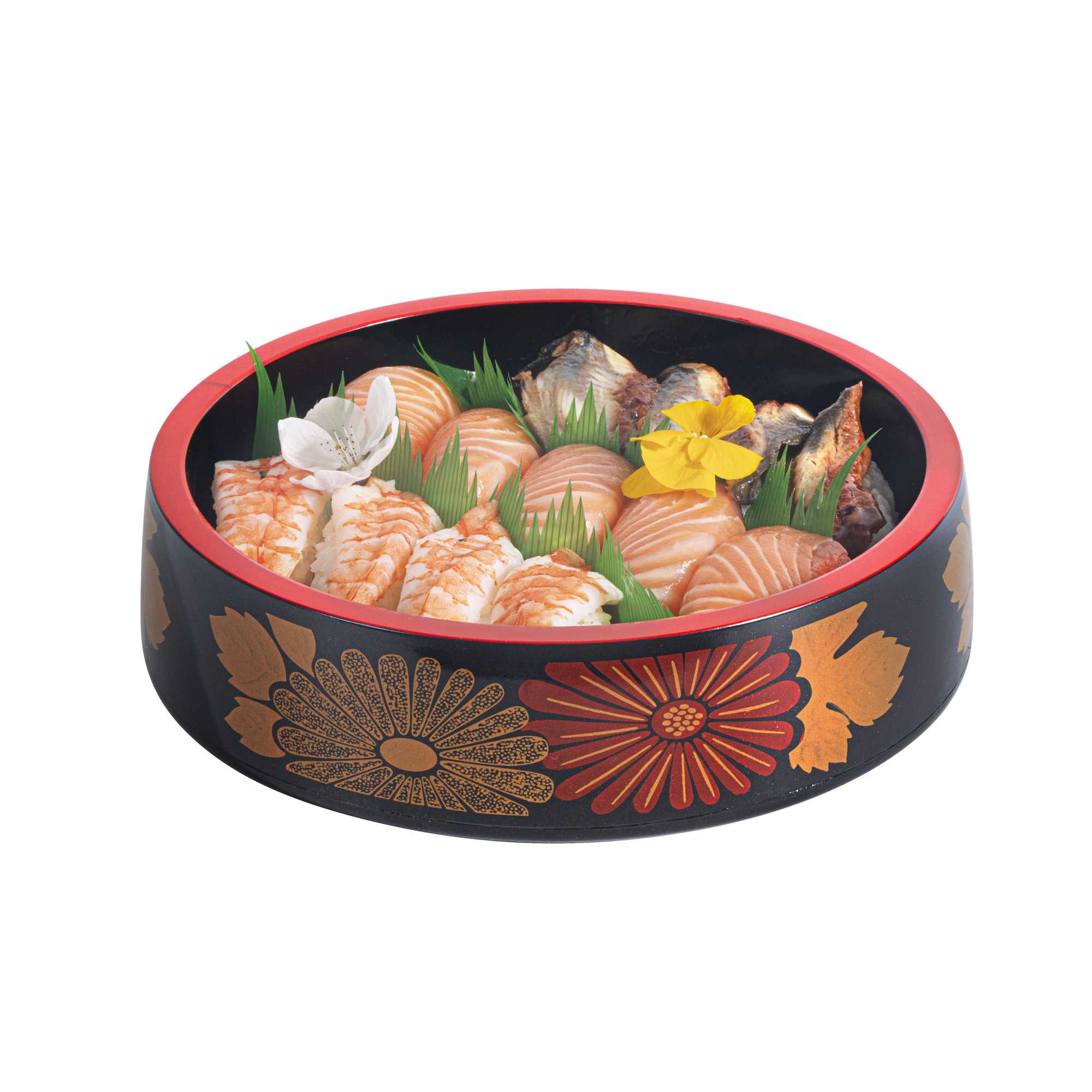 Bento Tek Round Black Floral Decal Sushi Tray - with Red Rim - 8 1/2" x 8 1/2" x 2 1/4" - 1 count box