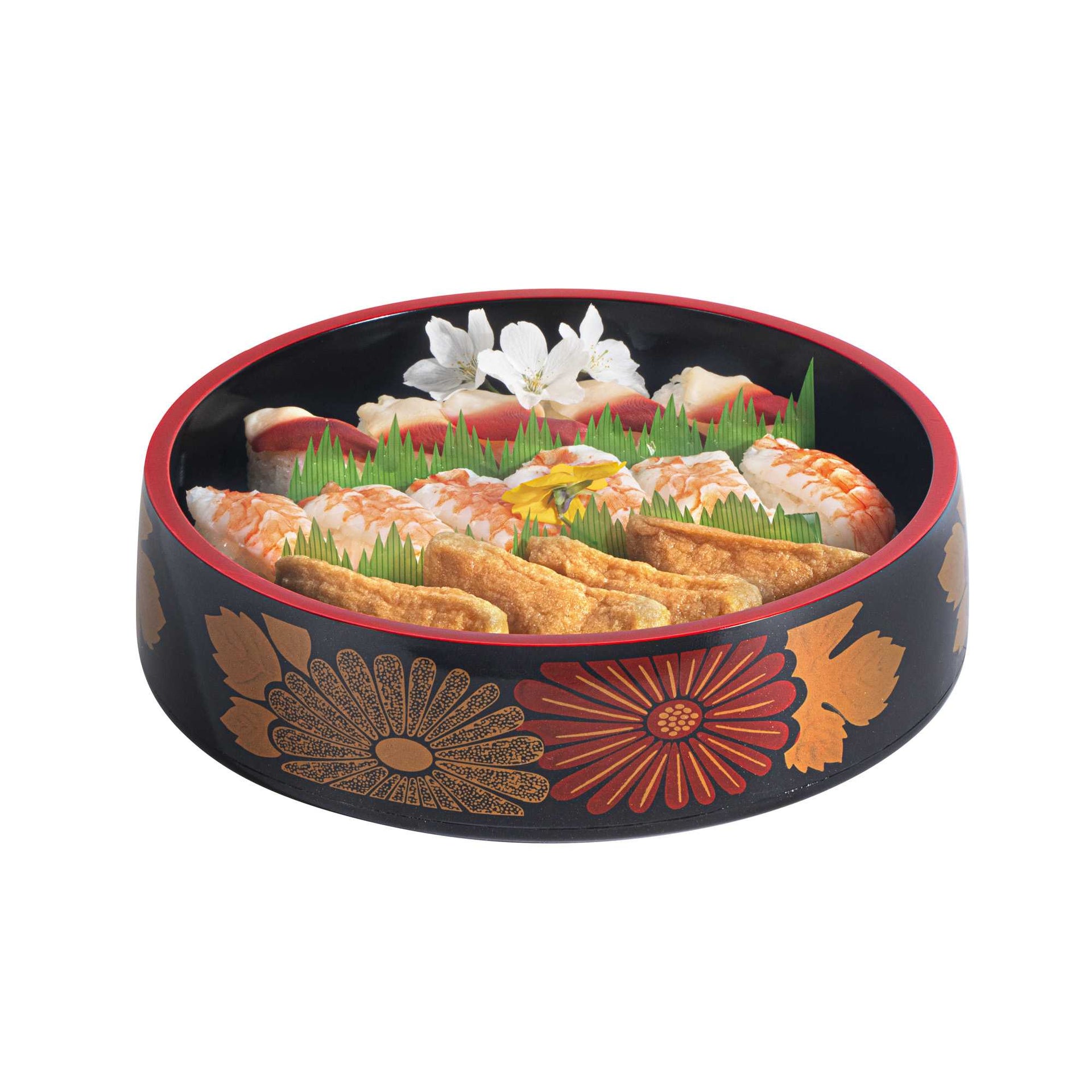 Bento Tek Round Black Floral Decal Sushi Tray - with Red Rim - 9 3/4" x 9 3/4" x 2 1/4" - 1 count box