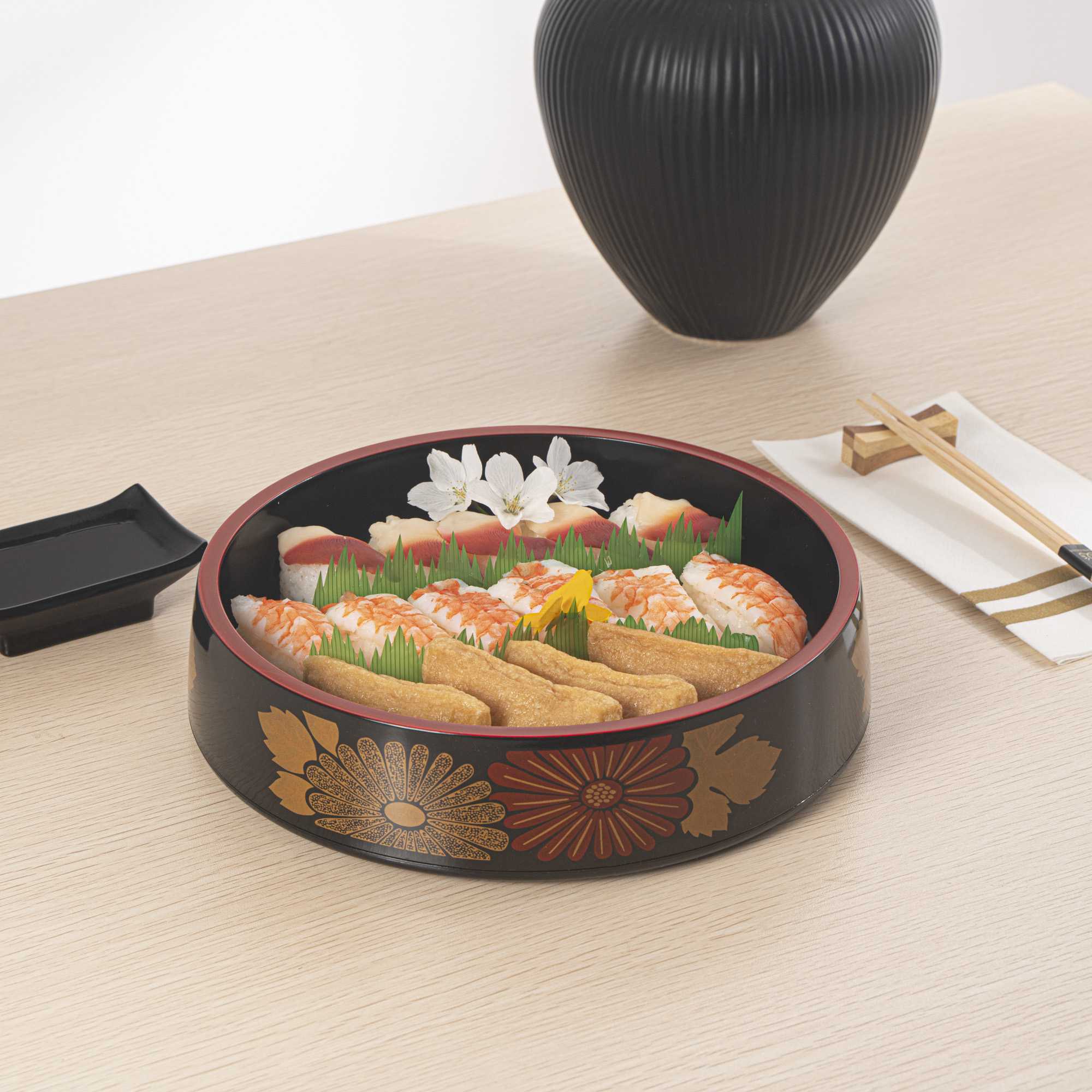 Bento Tek Round Black Floral Decal Sushi Tray - with Red Rim - 9 3/4" x 9 3/4" x 2 1/4" - 1 count box