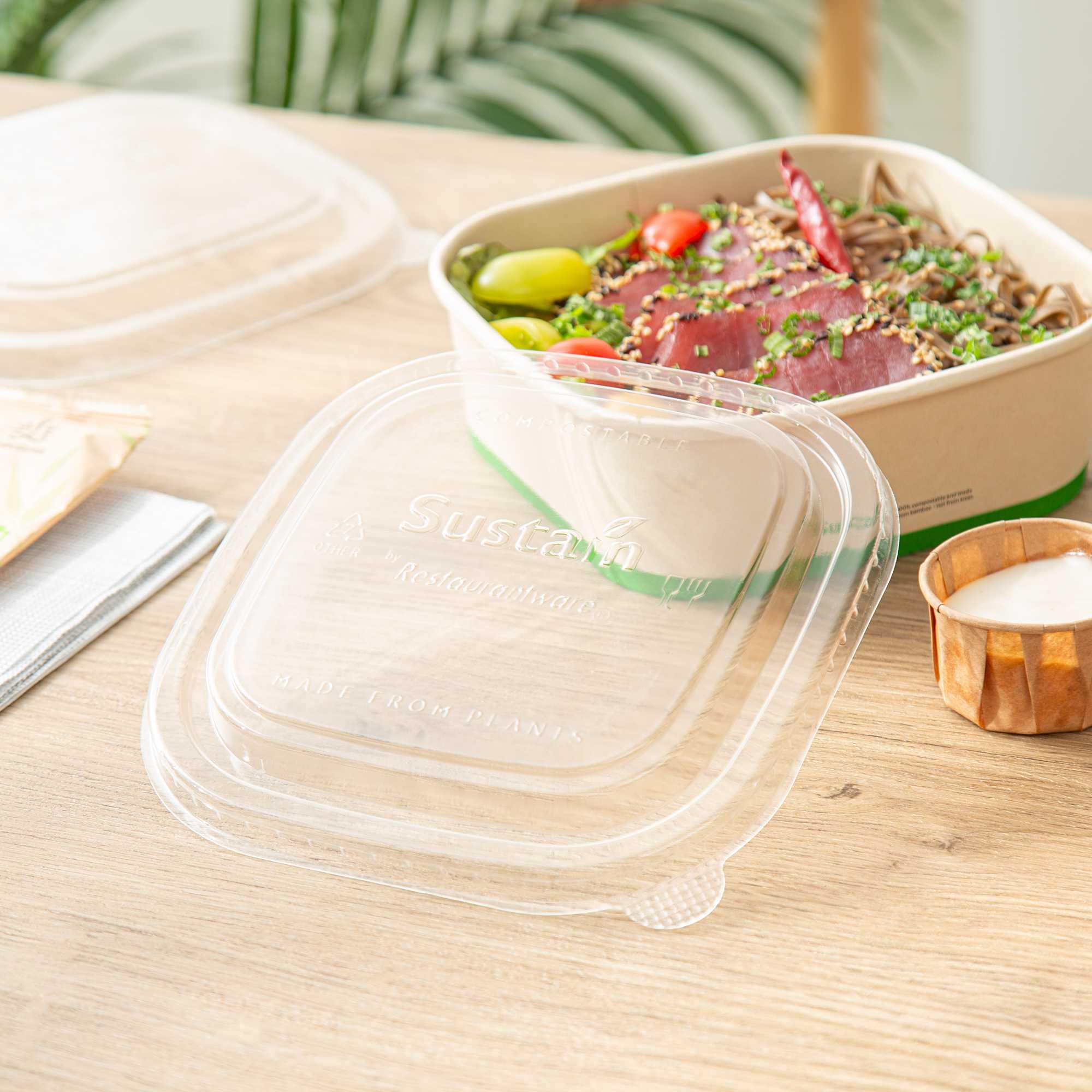 Sustain Square Clear PLA Plastic Lid - Fits 25, 34, 40 And 47 oz Take Out Containers, Compostable - 6 3/4" x 6 3/4" - 50 count box