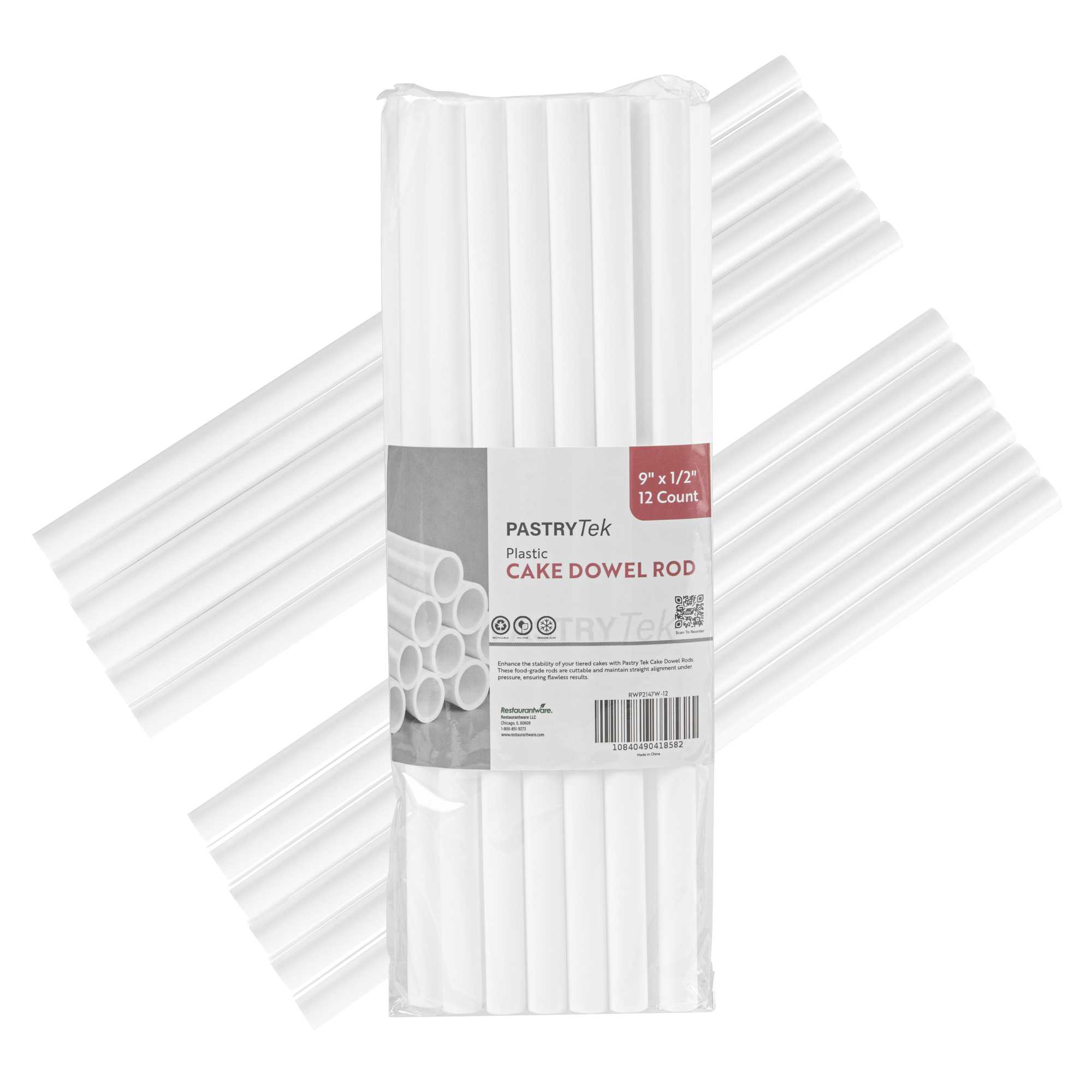 Pastry Tek Plastic Cake Dowel Rod - 1/2" x 9" - 12 count box