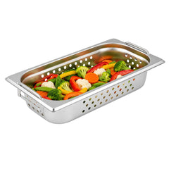 Met Lux Rectangle Stainless Steel 1/3 Size Steam Table Pan 2.5 Inch Deep - Perforated, Anti Jam, Collapsible Handles - 1 count box