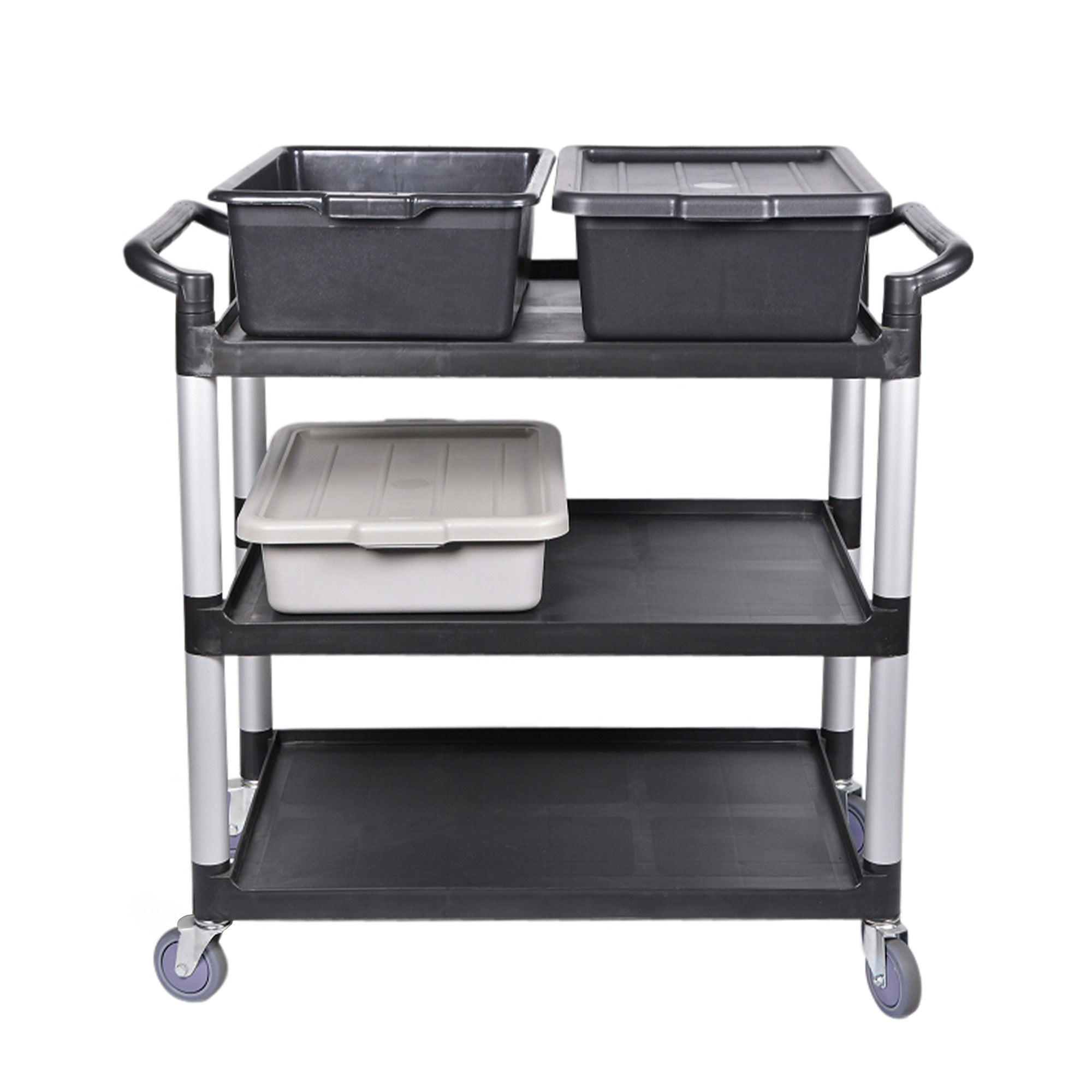 RW Clean Black Plastic Large Heavy-Duty Rolling Utility Cart - 3 Shelves - 40 1/4" x 19 3/4" x 37 3/4" - 1 count box
