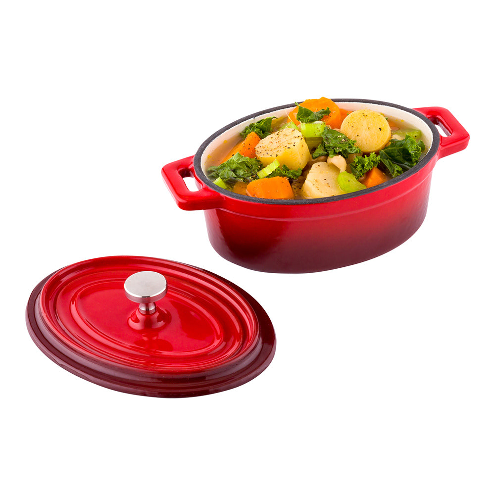 Met Lux 9 oz Oval Red Cast Iron Mini Casserole Dish - Enameled, with Stainless Steel Knob - 6" x 4" x 3" - 1 count box