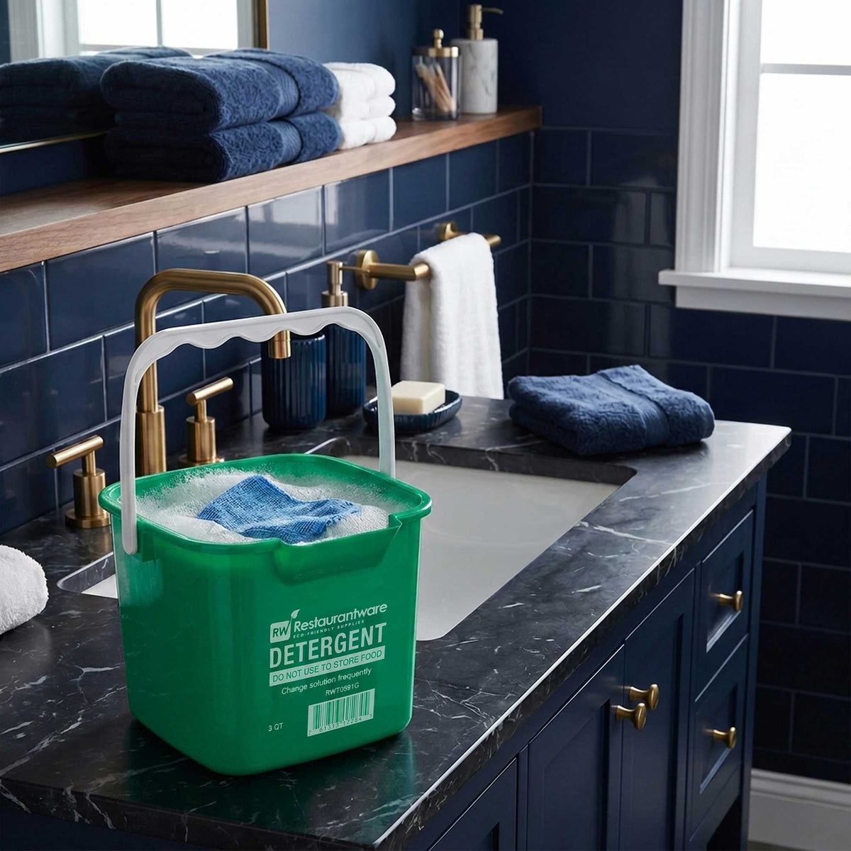 RW Clean 3 Qt Square Green Plastic Cleaning Bucket - with Plastic Handle - 7" x 6 3/4" x 6" - 1 count box