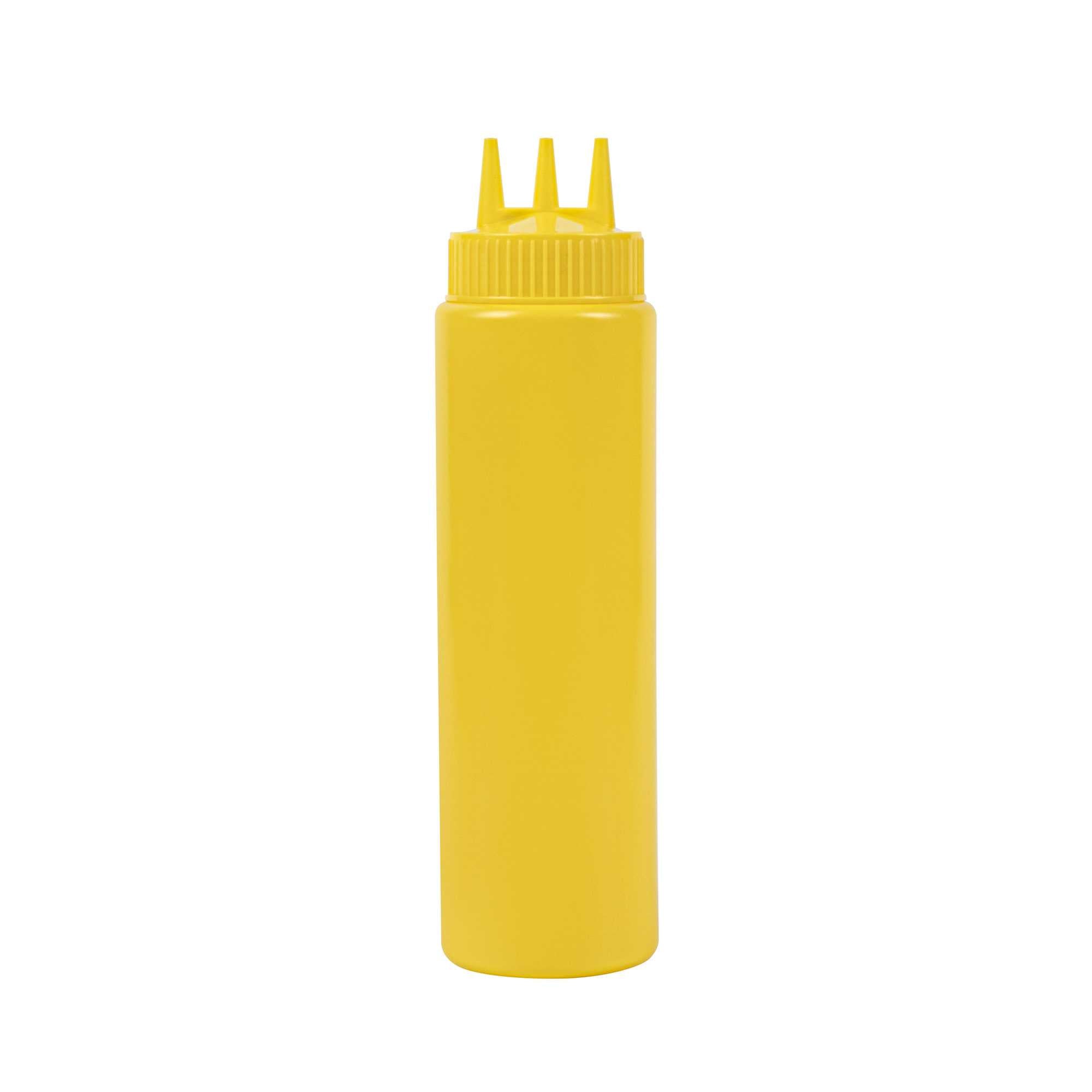 Sauce Tek 24 oz Yellow Plastic Mustard Squeeze Bottle - with Triple Dispersion Tip - 6 count box