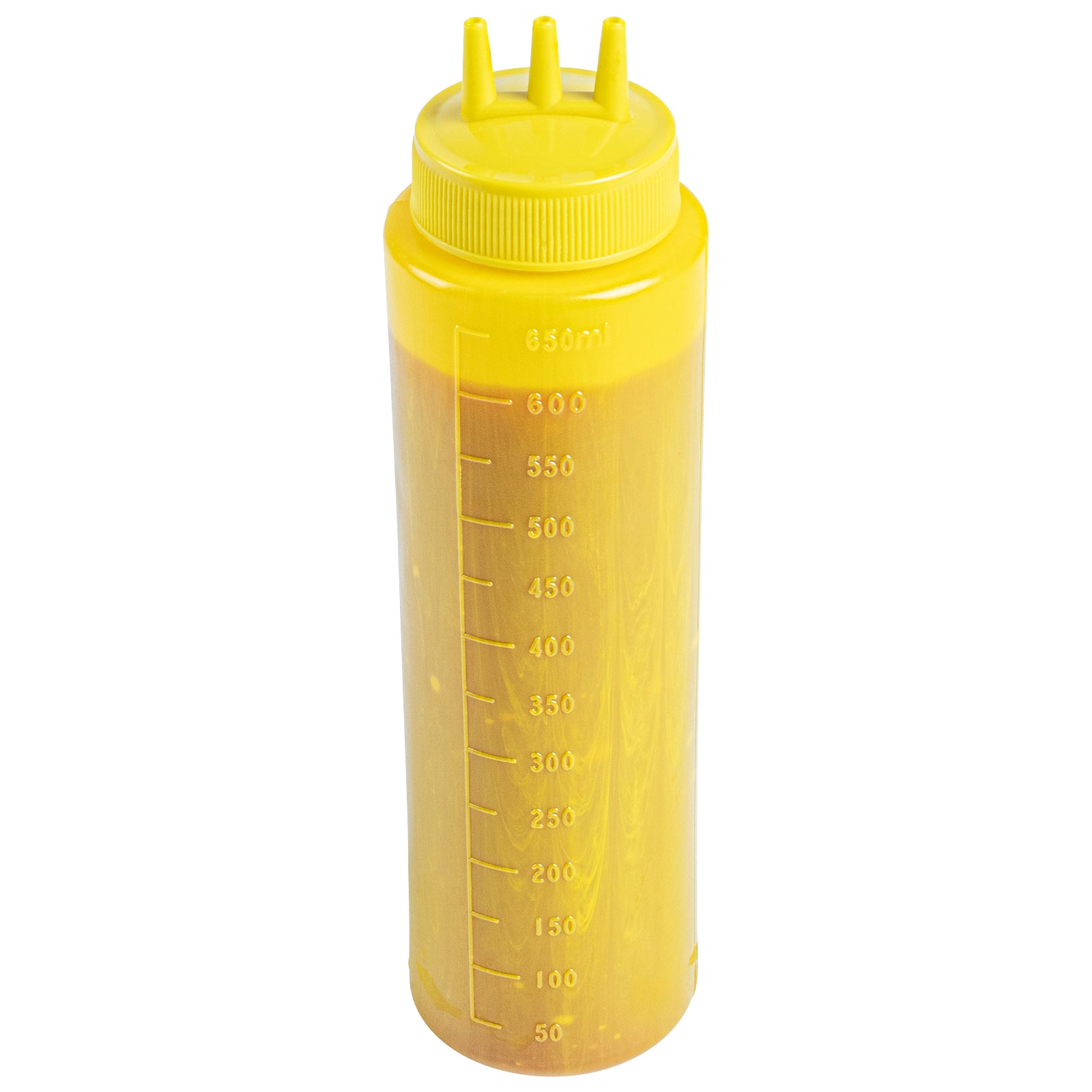 Sauce Tek 24 oz Yellow Plastic Mustard Squeeze Bottle - with Triple Dispersion Tip - 6 count box