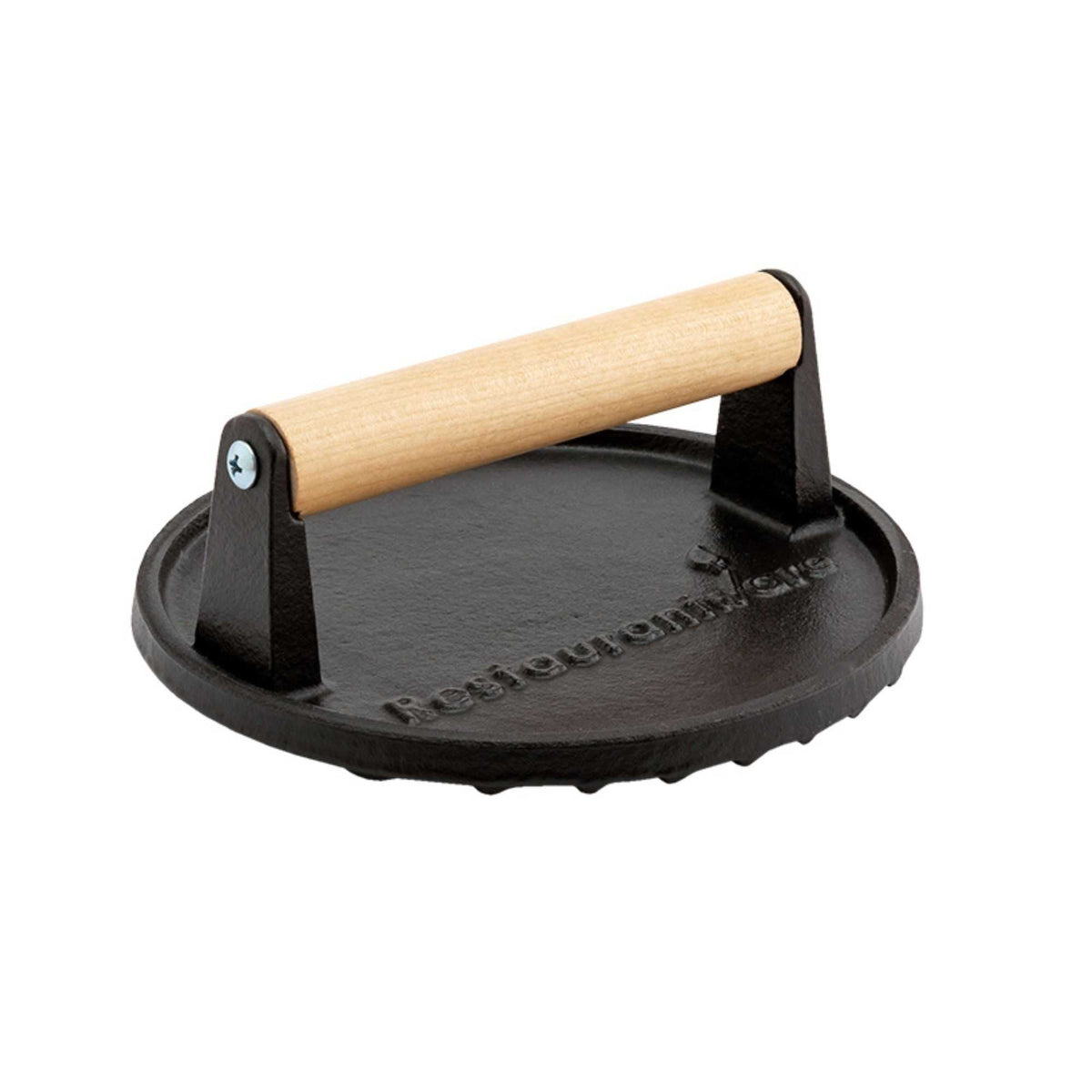 Met Lux Black Cast Iron Grill Press - with Wooden Handle - 7" x 7" - 1 count box