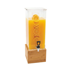 Bev Tek 2 gal Square Clear Acrylic Beverage Dispenser - Infusion Core, Bamboo Base - 8 1/4