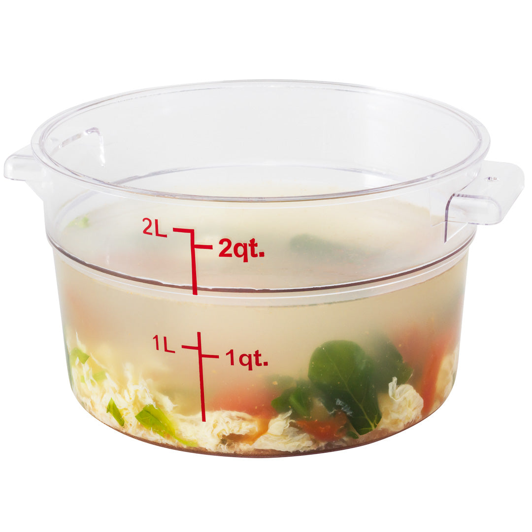 Met Lux 2 qt Round Clear Plastic Food Storage Container - with Red Volume Markers - 7" x 7" x 4 1/4" - 1 count box