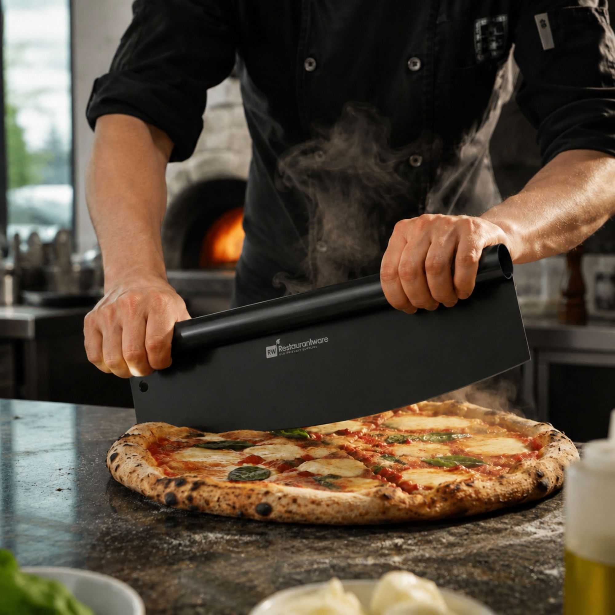 Met Lux Black Stainless Steel Pizza Cutter / Rocker - with Cover - 13 3/4" x 3 1/2" - 1 count box