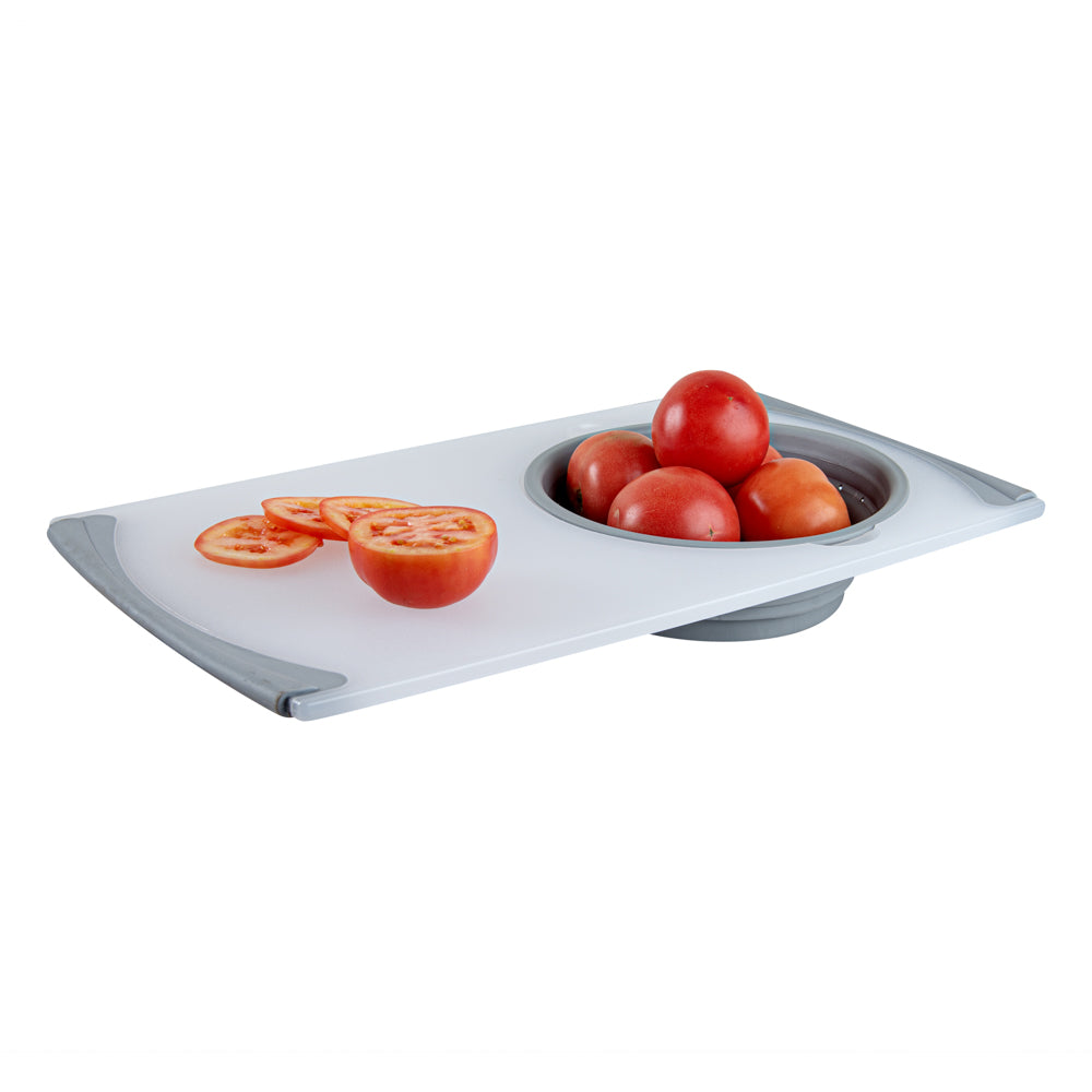 Chef 101 Gray Plastic Over the Sink Cutting Board - with Collapsible Strainer - 19 3/4" x 11 1/4" - 1 count box