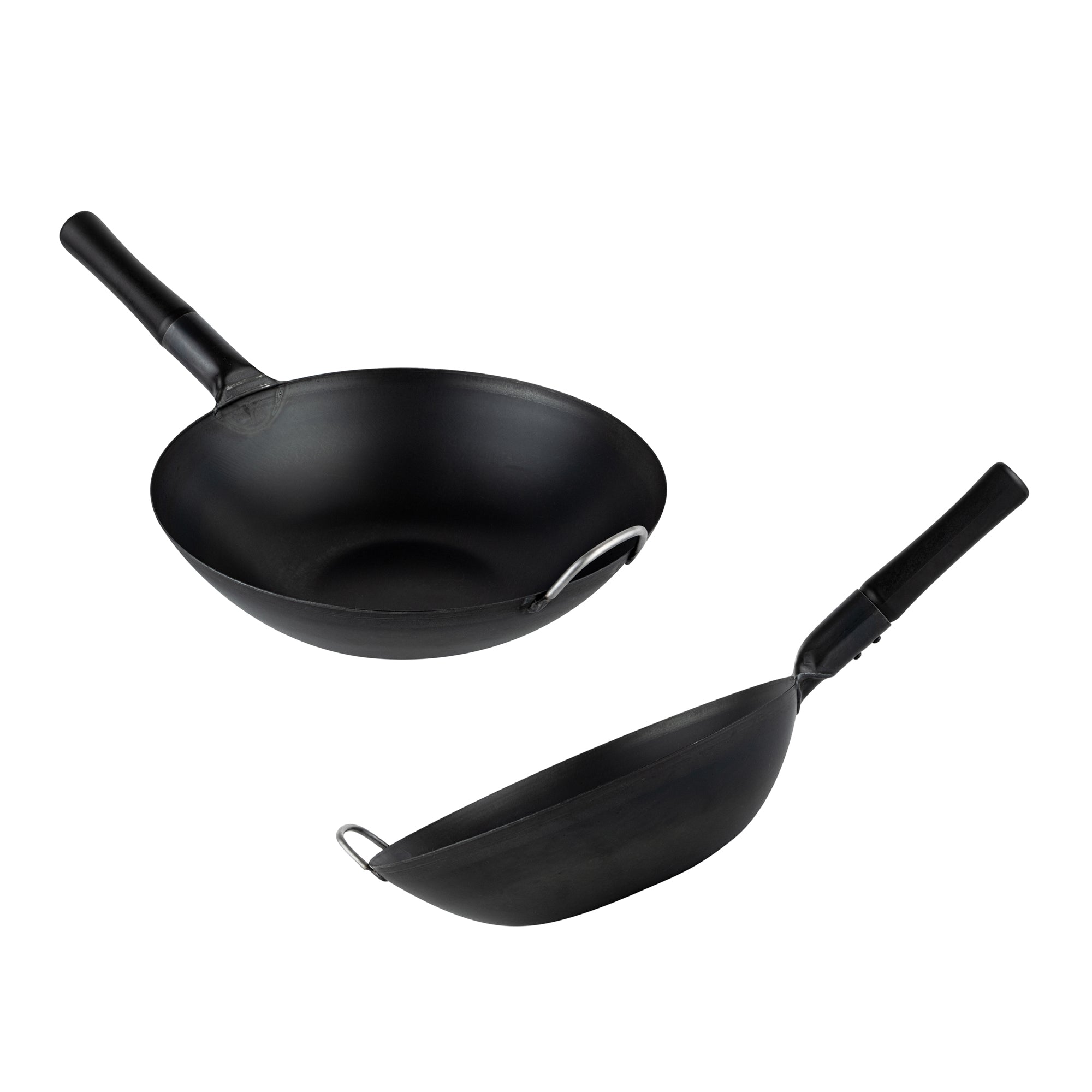 Motomori 14" Black Carbon Steel Flat Bottom Wok / Stir Fry Pan - Pre-seasoned, with Wooden Handle - 1 count box