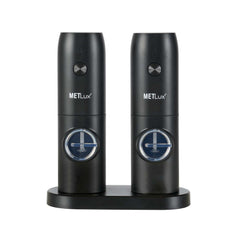 Met Lux Black Electric Salt and Pepper Grinder Set - with Charging Base and LED Light - 6 1/2'' x 2 3/4'' x 7 3/4'' - 1 count box