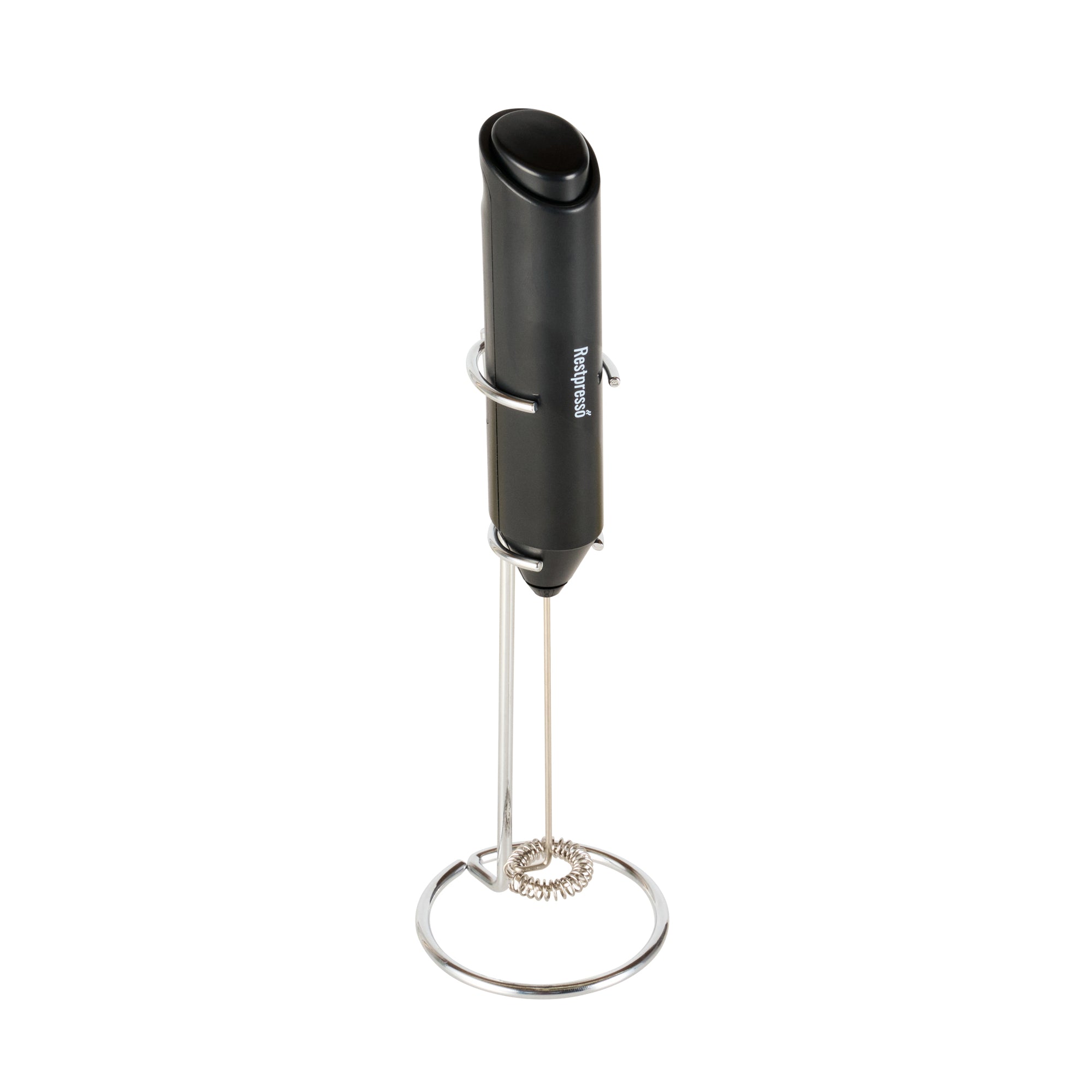 Restpresso Black Electric Handheld Milk Frother - Battery-Operated, with Stand - 1'' x 1 1/2'' x 8 1/2'' - 1 count box