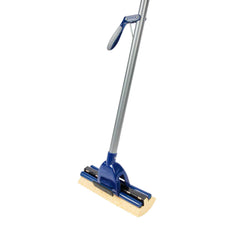 RW Clean Blue Cellulose Sponge Mop - with Handle, Scouring Pad Attachment - 10 1/4