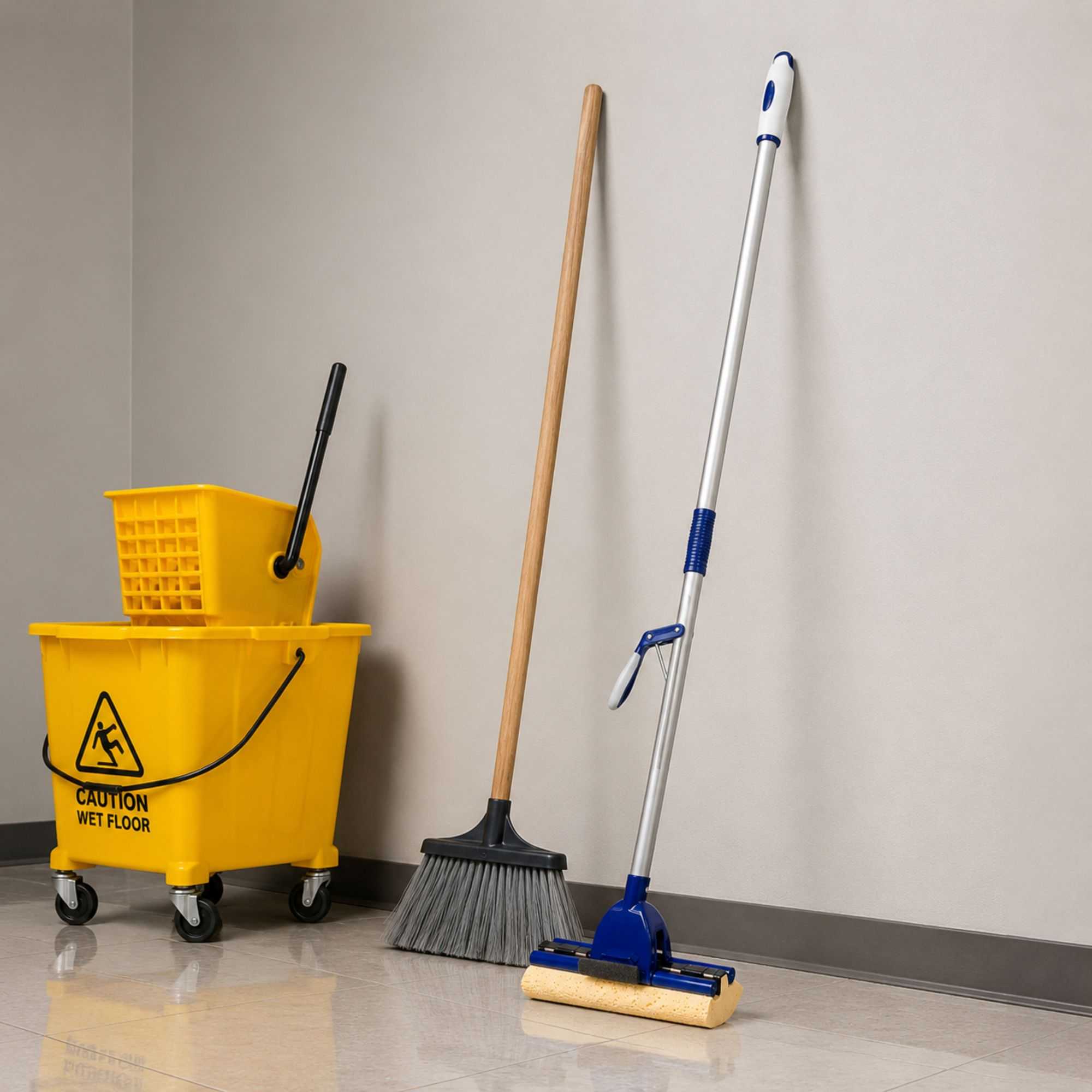 RW Clean Blue Cellulose Sponge Mop - with Handle, Scouring Pad Attachment - 10 1/4" - 1 count box