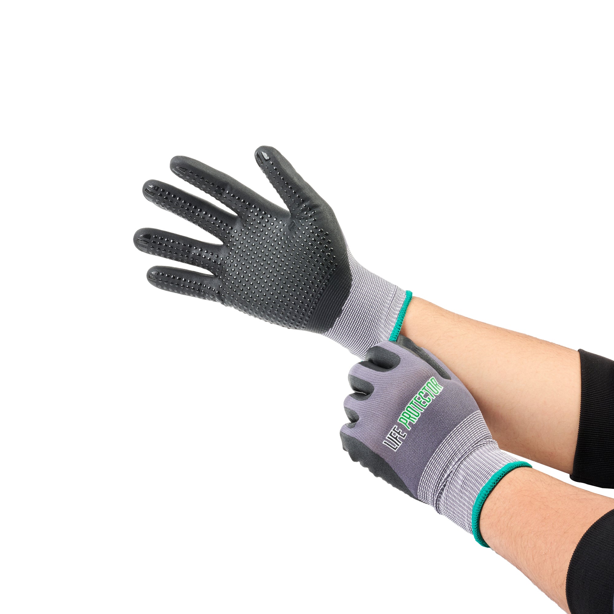 Life Protector Gray Nylon / Spandex Medium Work Gloves - with Ultra-Thin Foam Nitrile Palm Coating and Dots - Pair - 10 count box