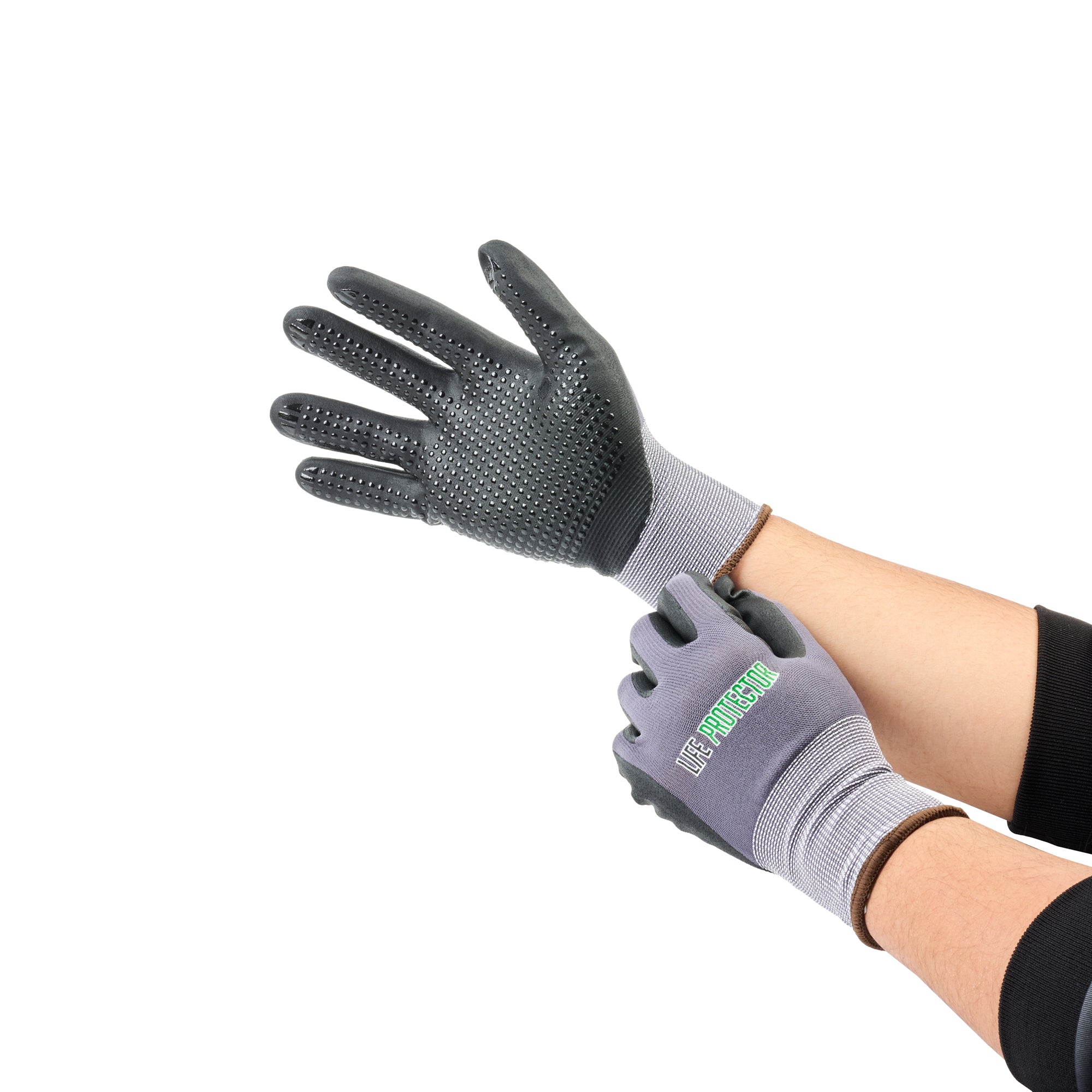 Life Protector Gray Nylon / Spandex Large Work Gloves - with Ultra-Thin Foam Nitrile Palm Coating and Dots - Pair - 10 count box