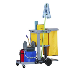 Clean Tek Professional Gray 3-Shelf Janitor Cart - 18 gal Bag, Lid, 2 Buckets, 1 Wringer, 1 Locking Cabinet - 44