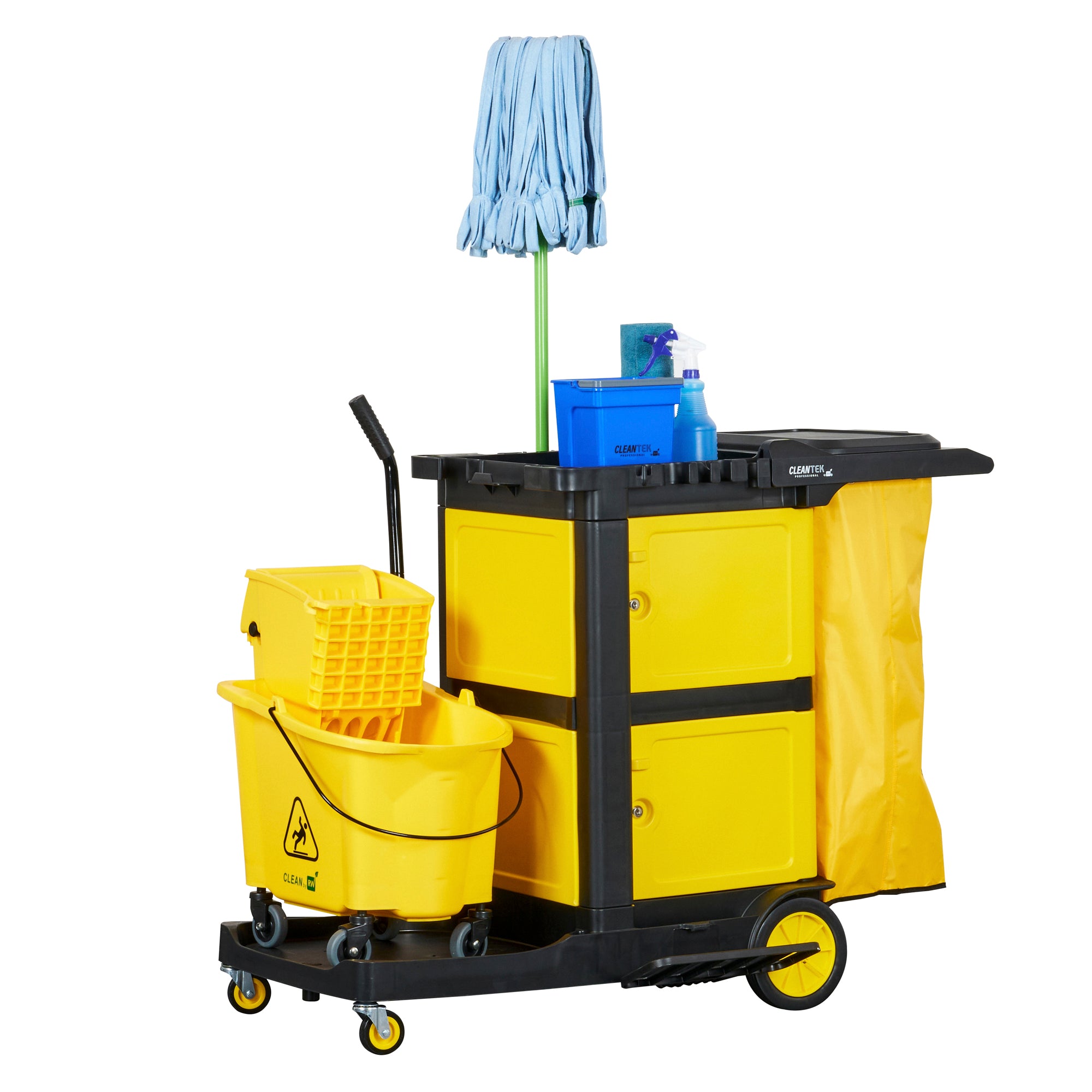 Clean Tek Professional Black Heavy Duty 3-Shelf Janitor Cart - 21 gal Bag, Lid,Double Locking Cabinet- 52 1/4" x 33 1/2" x 39" - 1 count box