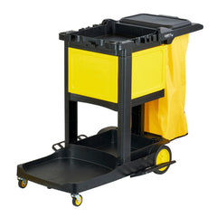 Clean Tek Professional Black Heavy Duty 3-Shelf Janitor Cart - 21 gal Bag,Lid,Single Locking Cabinet - 53 1/2