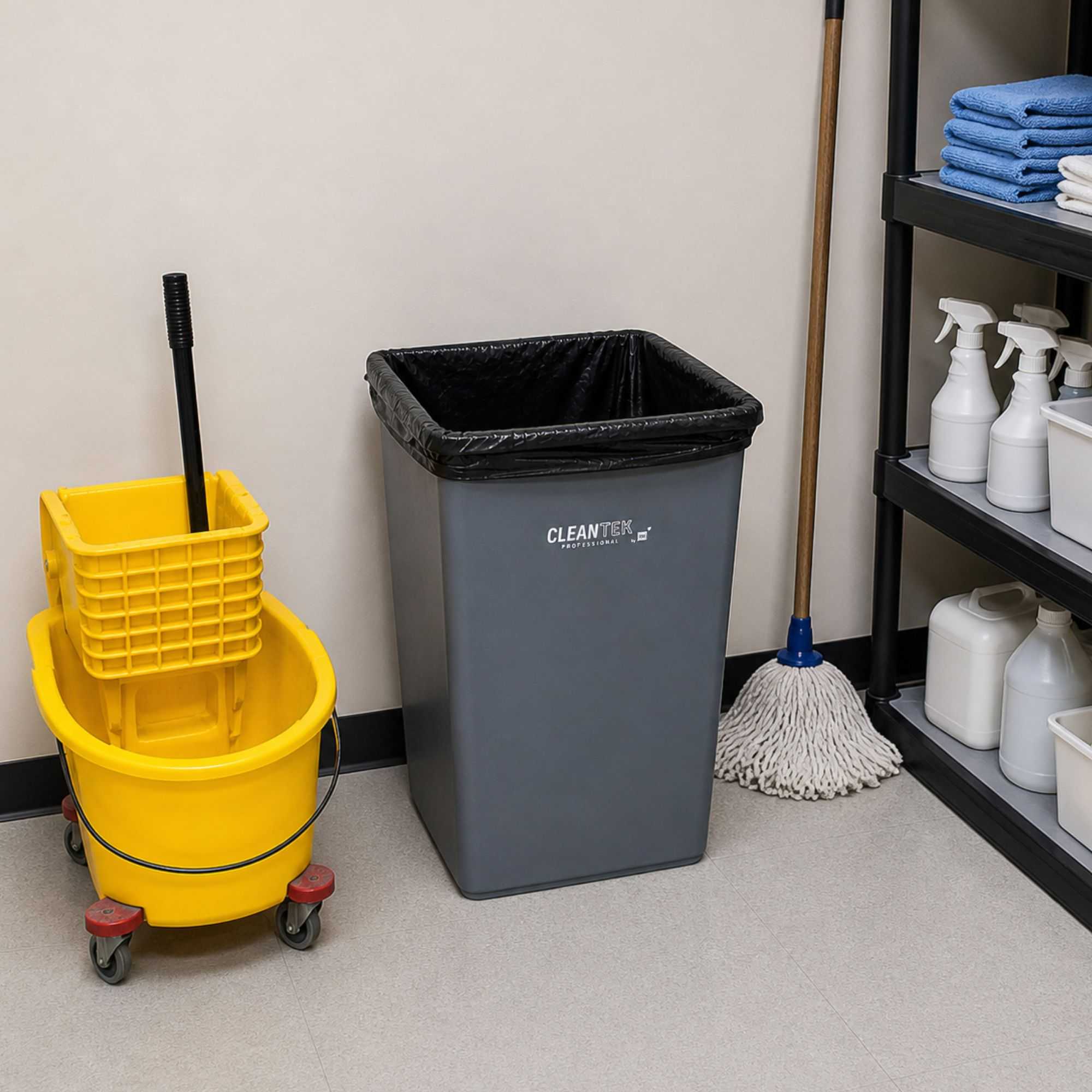 Clean Tek Professional 35 gal Square Gray Plastic Trash Can - 19 1/2" x 19 1/2" x 27 3/4" - 1 count box