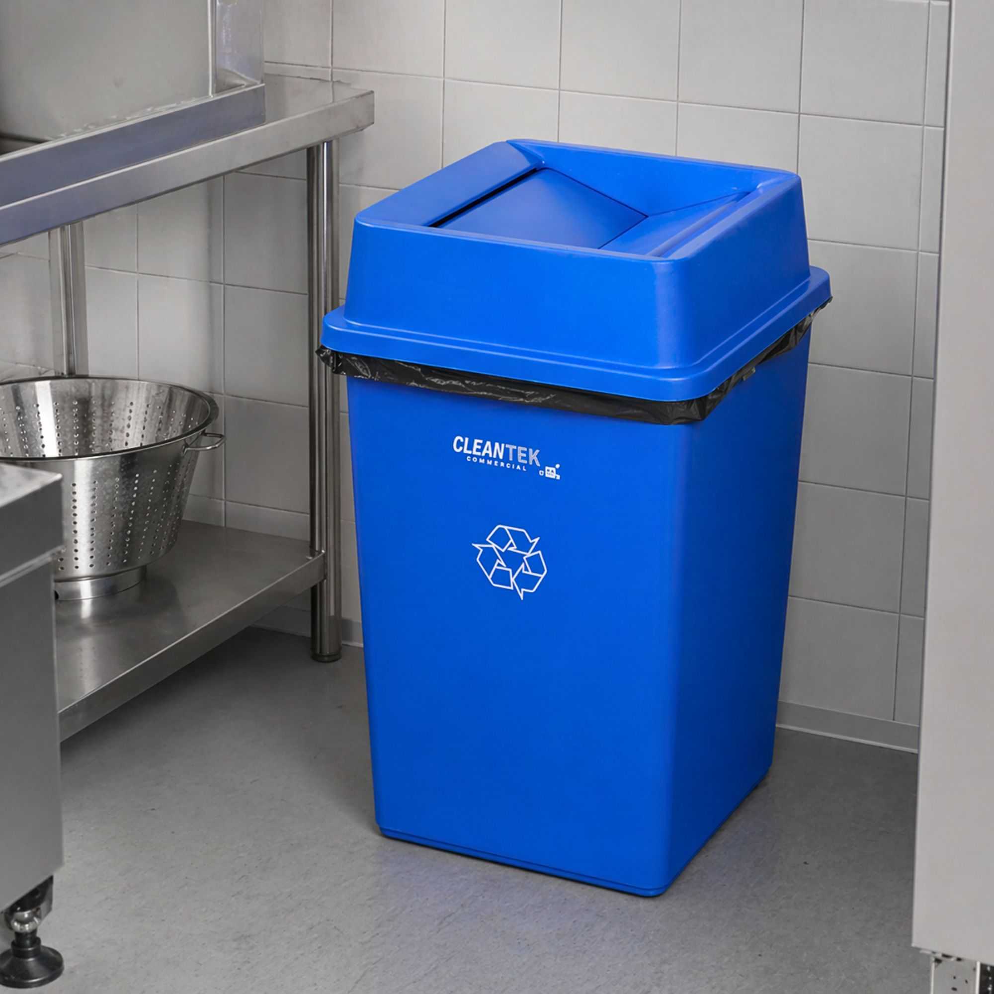 Clean Tek Professional Square Blue Plastic Swing Lid - Fits 35 / 50 gal Square Recycling Bin - 1 count box