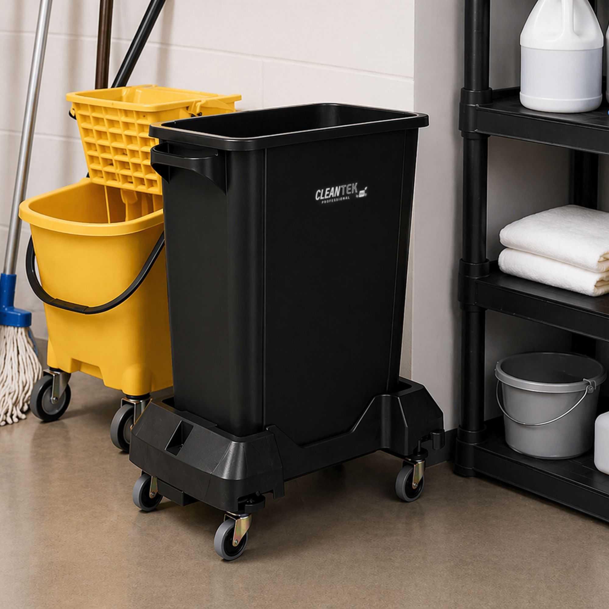Clean Tek Professional Black Trainable Dolly - Fits 15 / 23 gal Slim Trash Can - 1 count box