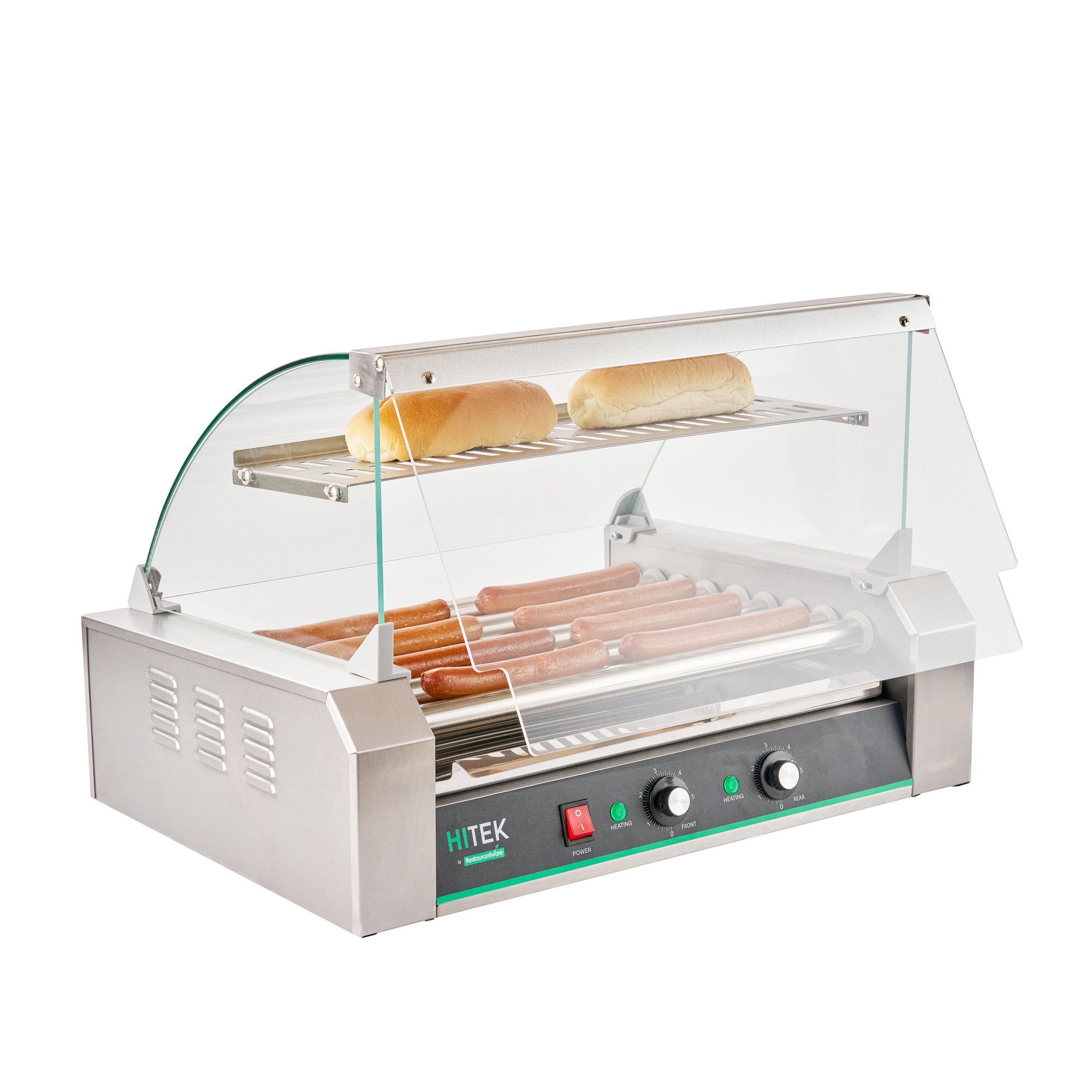 Hi Tek Hot Dog Roller Grill Warmer - Fits 24 and 4 Buns, Curved Glass, Sneeze Guard - 1 count box