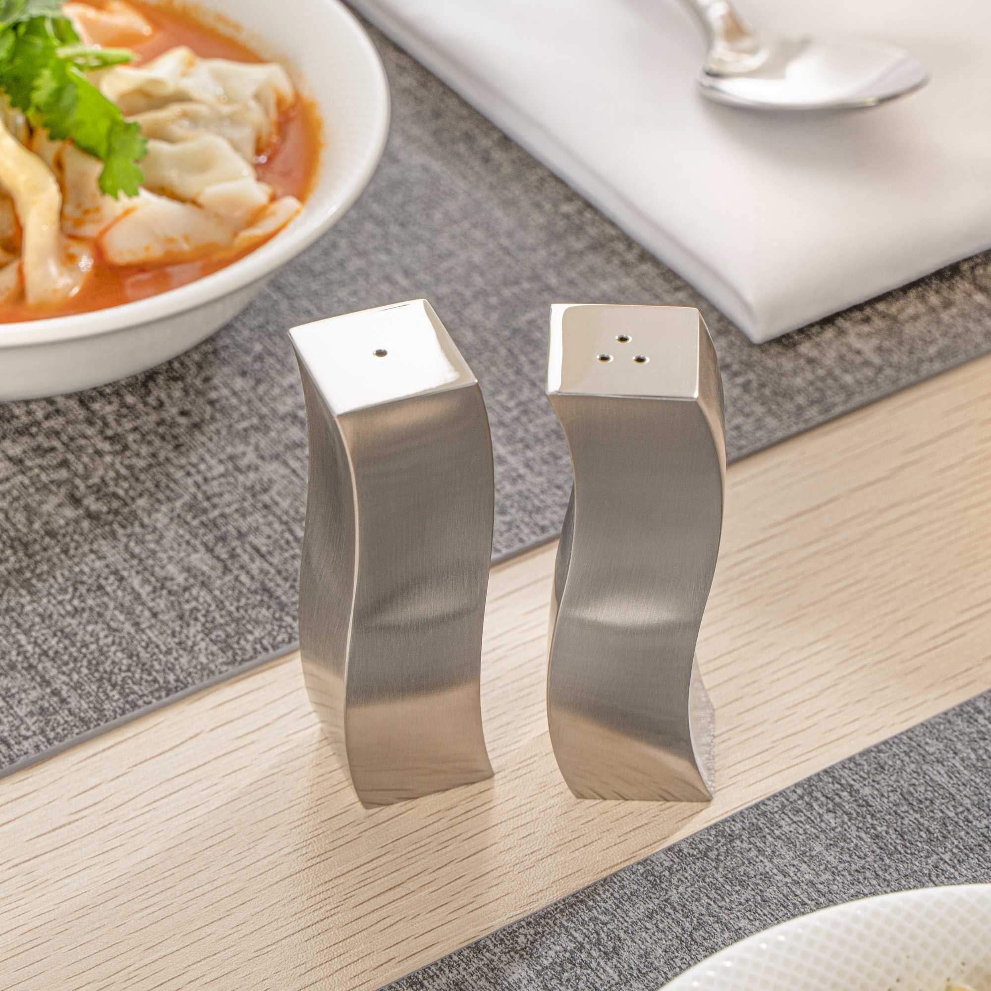 Chef 101 2 oz Silver Stainless Steel Wavy Salt And Pepper Shaker Set - 1" x 1" x 3 3/4" - 1 count box