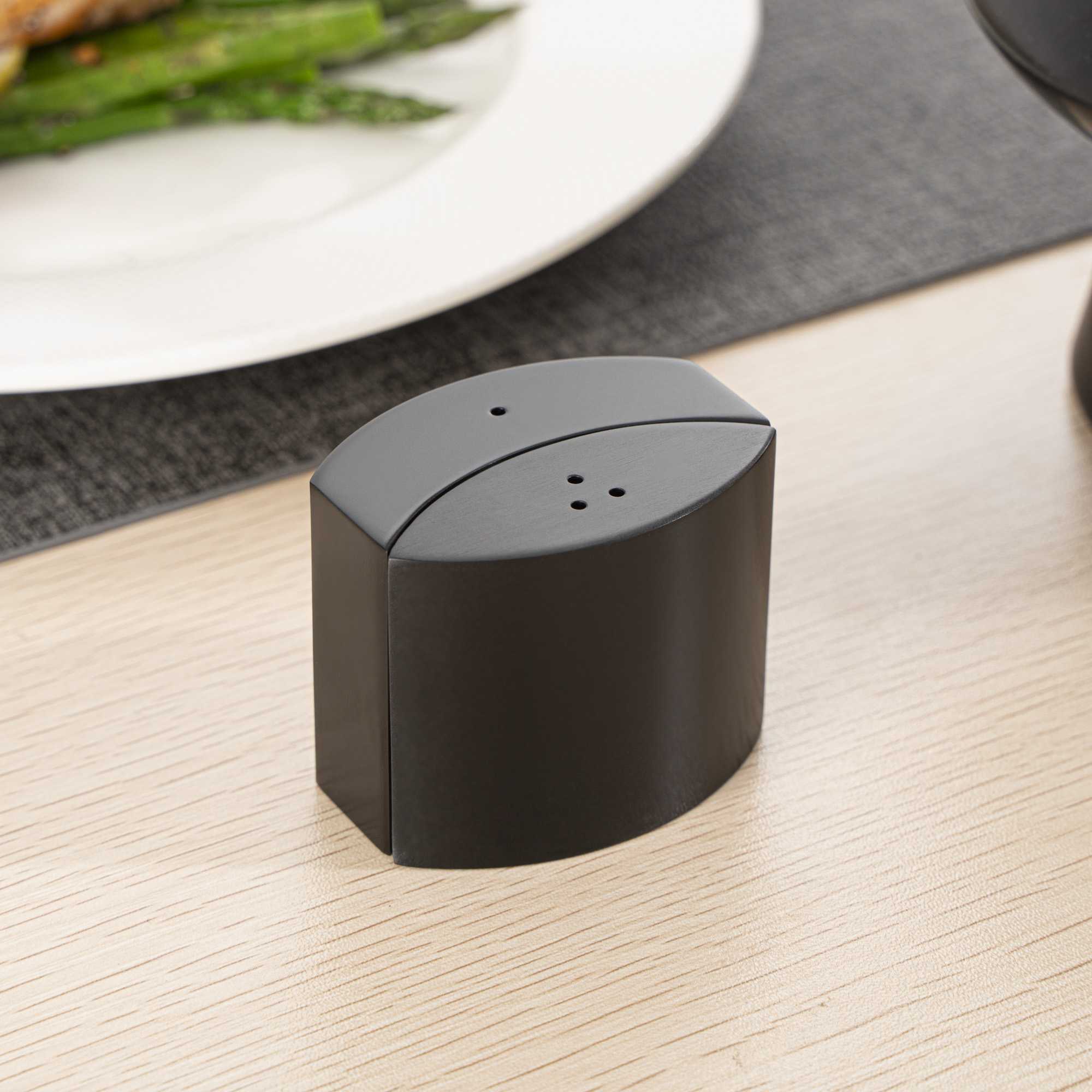 Chef 101 4 oz Black Stainless Steel Embracing Salt And Pepper Shaker Set - 2.3 oz/2.1 oz - 2 1/2" x 2" x 1 3/4" - 1 count box