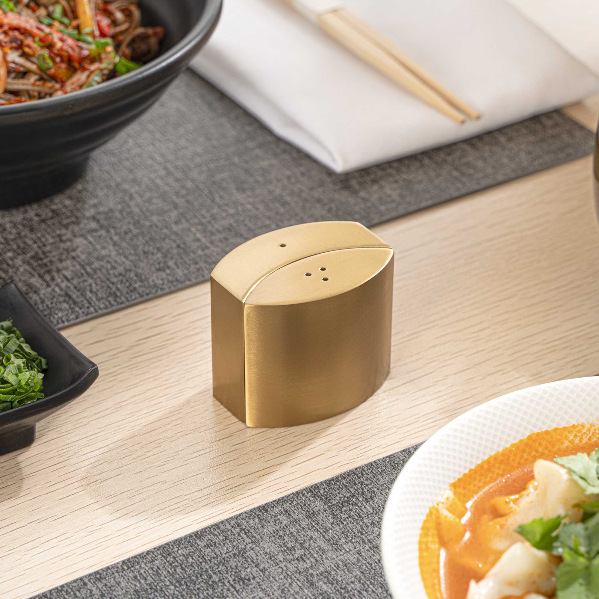 Chef 101 4 oz Gold Stainless Steel Embracing Salt And Pepper Shaker Set - 2.3 oz/2.1 oz - 2 1/2" x 2" x 1 3/4" - 1 count box