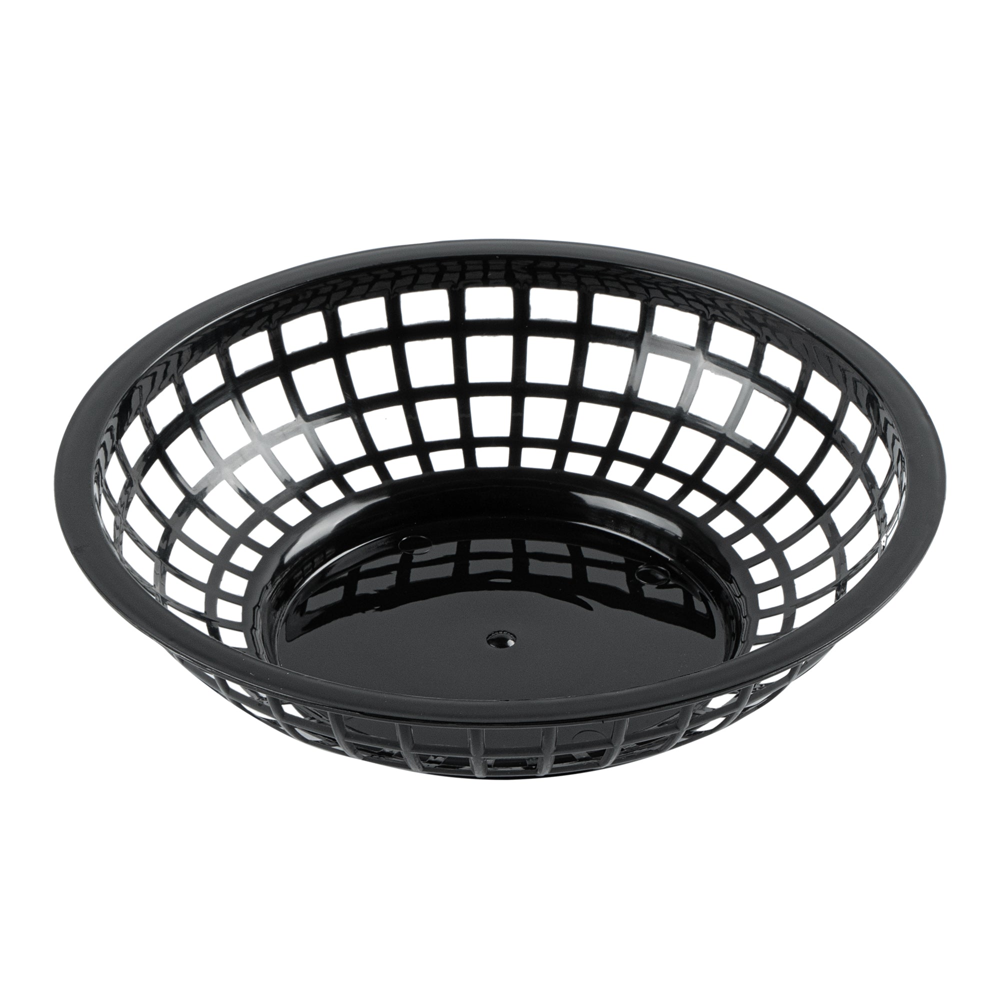 Chef 101 Round Black Plastic Fast Food Serving Basket - 7 3/4" x 7 3/4" x 2" - 100 count box