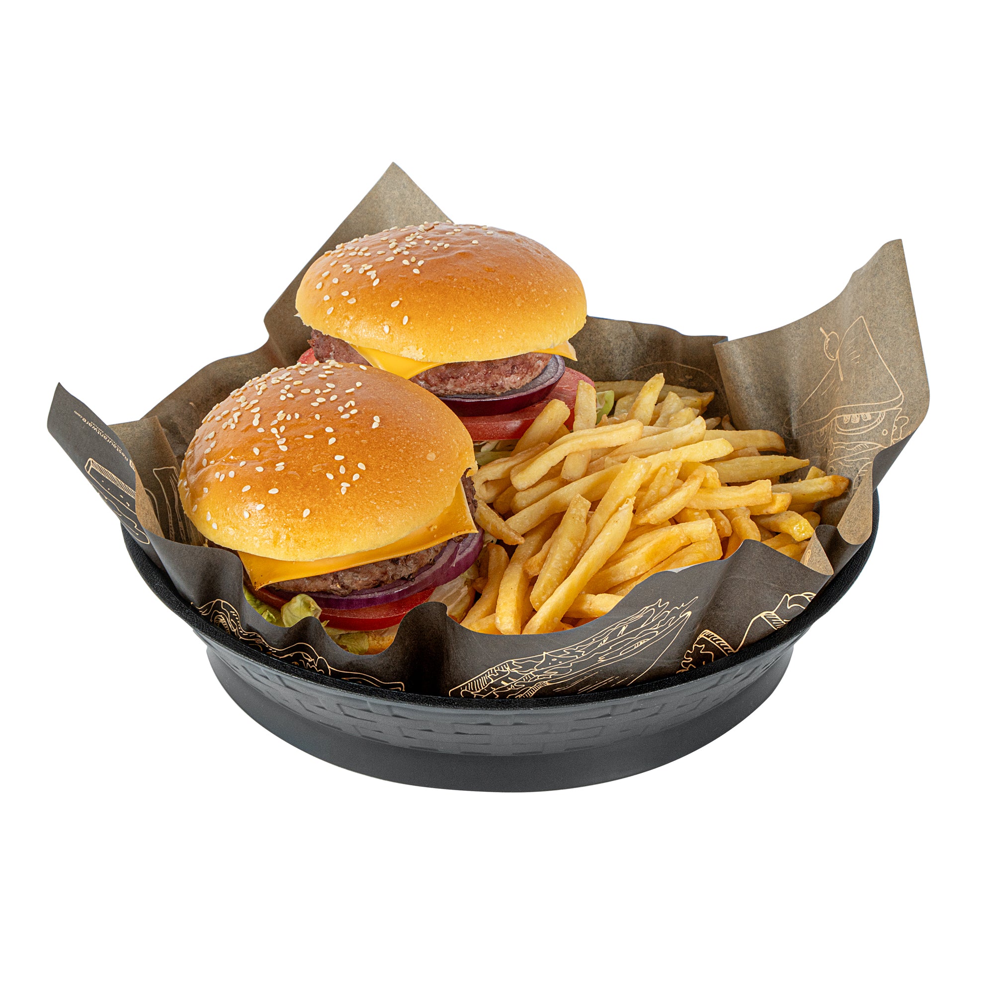 Chef 101 Round Black Plastic Diner Platter - with Base - 10 1/2" x 10 1/2" x 2 1/4" - 100 count box