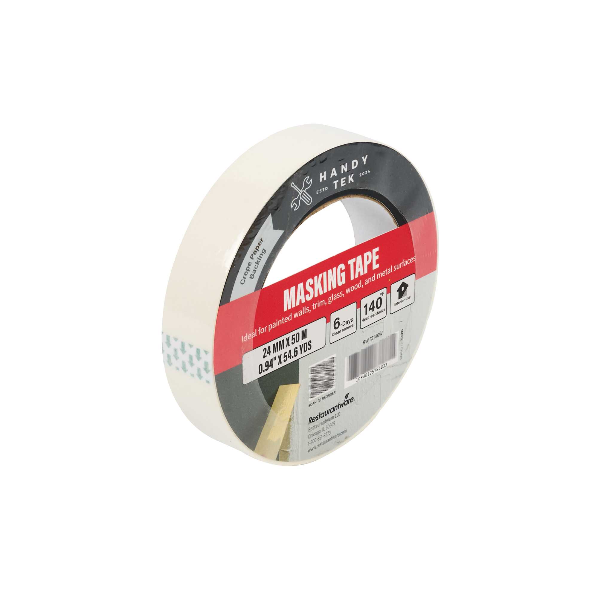 Handy Tek White Masking Tape Roll - 1" x 54 yds - 1 count box