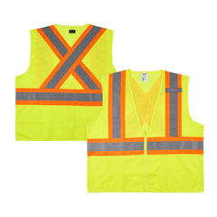 Be Safe Type R Class 2 Lime 2XL/3XL High Visibility X-Back Reflective Tape Mesh Safety Vest - Zipper Closure - 20 count box