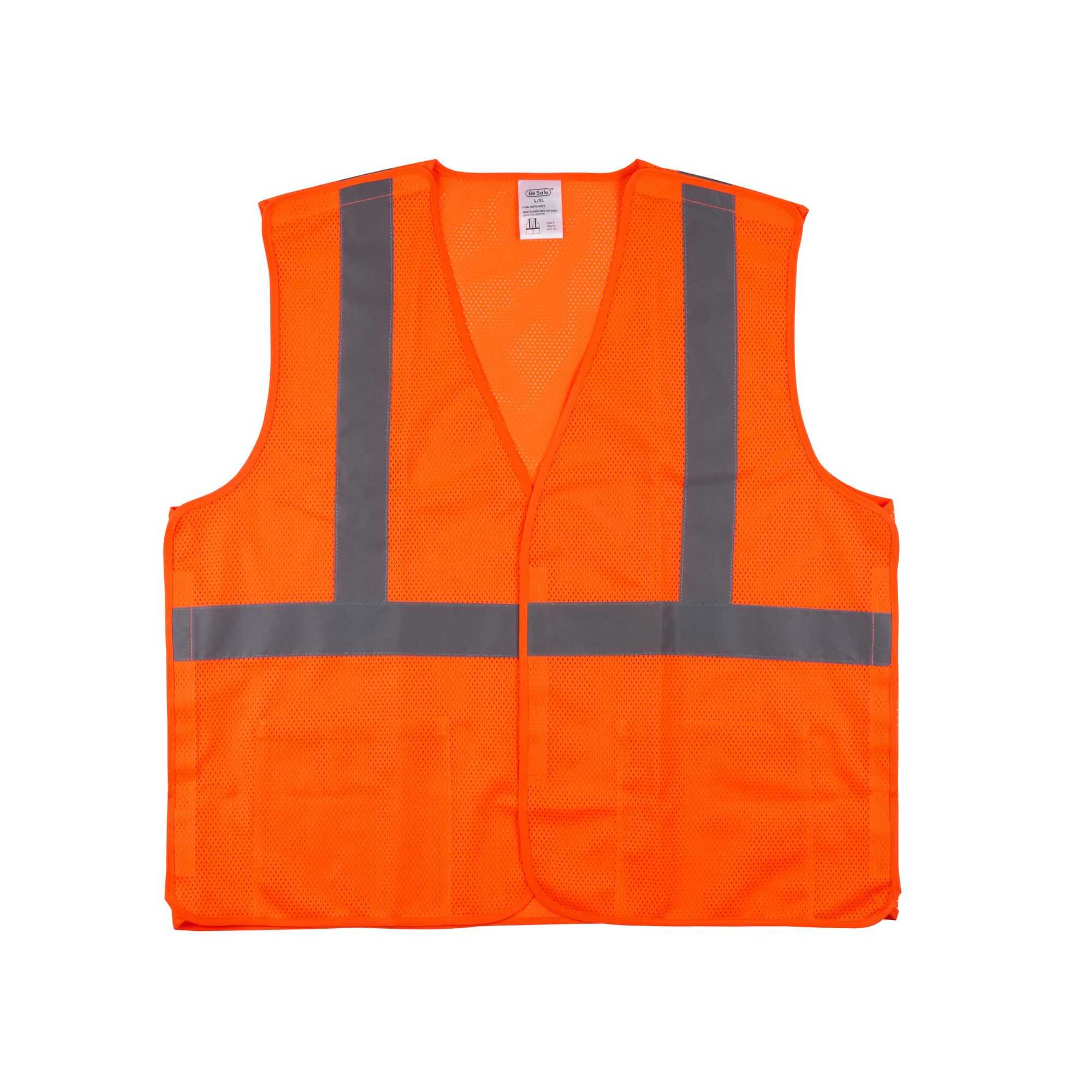 Be Safe Type R Class 2 Orange L/XL High Visibility 5-Point Breakaway Mesh Safety Vest - Hook/Loop Closure, Reflective Tape - 1 count box