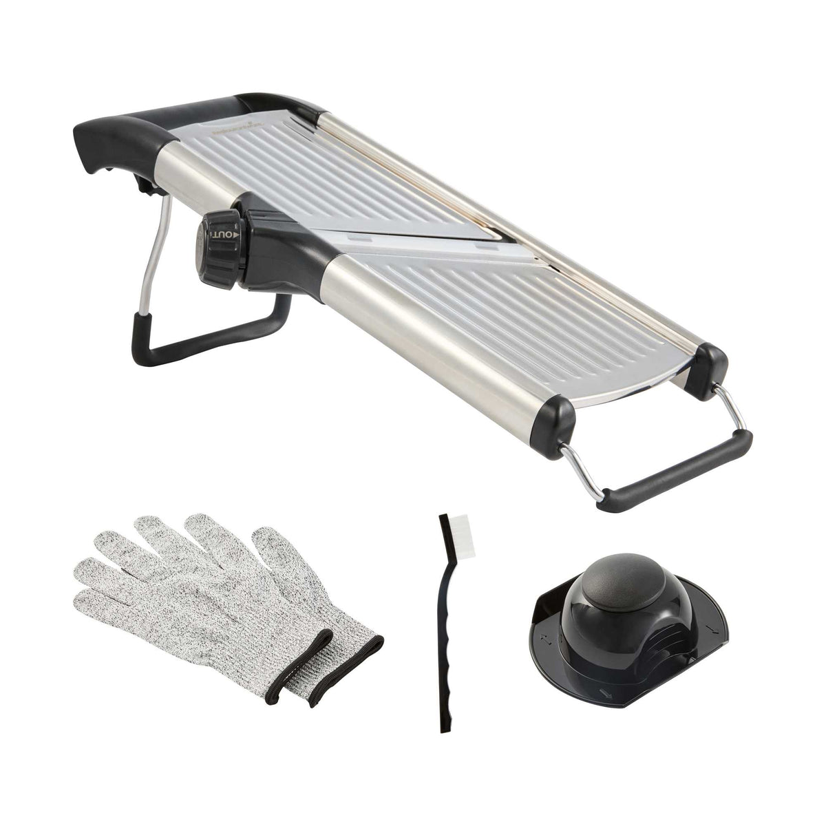 German Standard Stainless Steel Heavy-Duty Adjustable Mandoline Slicer - Cut-Resistant Gloves, Cleaning Brush, Blade Guard - 1 count box