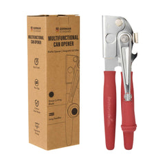 German Standard Red Stainless Steel Handheld Crank Can Opener - Magnetic Lid Lifter, Long Handles - 8 3/4