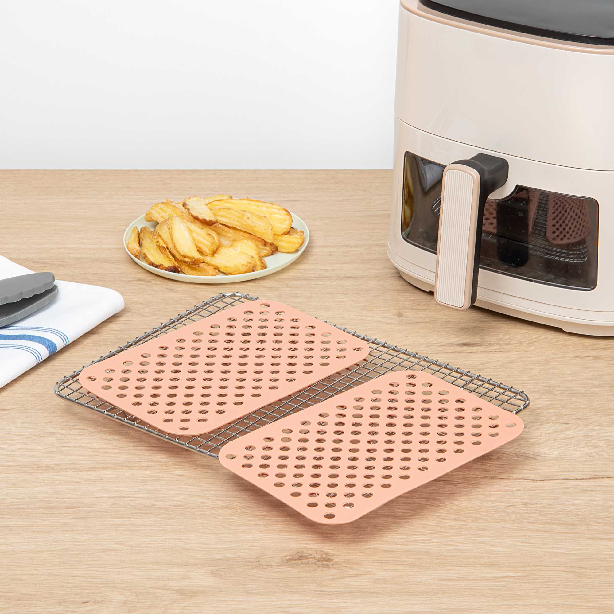 Pastry Tek Rectangle Orange Reusable Silicone Air Fryer Liner - Non-Stick, For Dual Basket, 3 to 5 qt - 7 3/4" x 5 1/2" - 2 count box