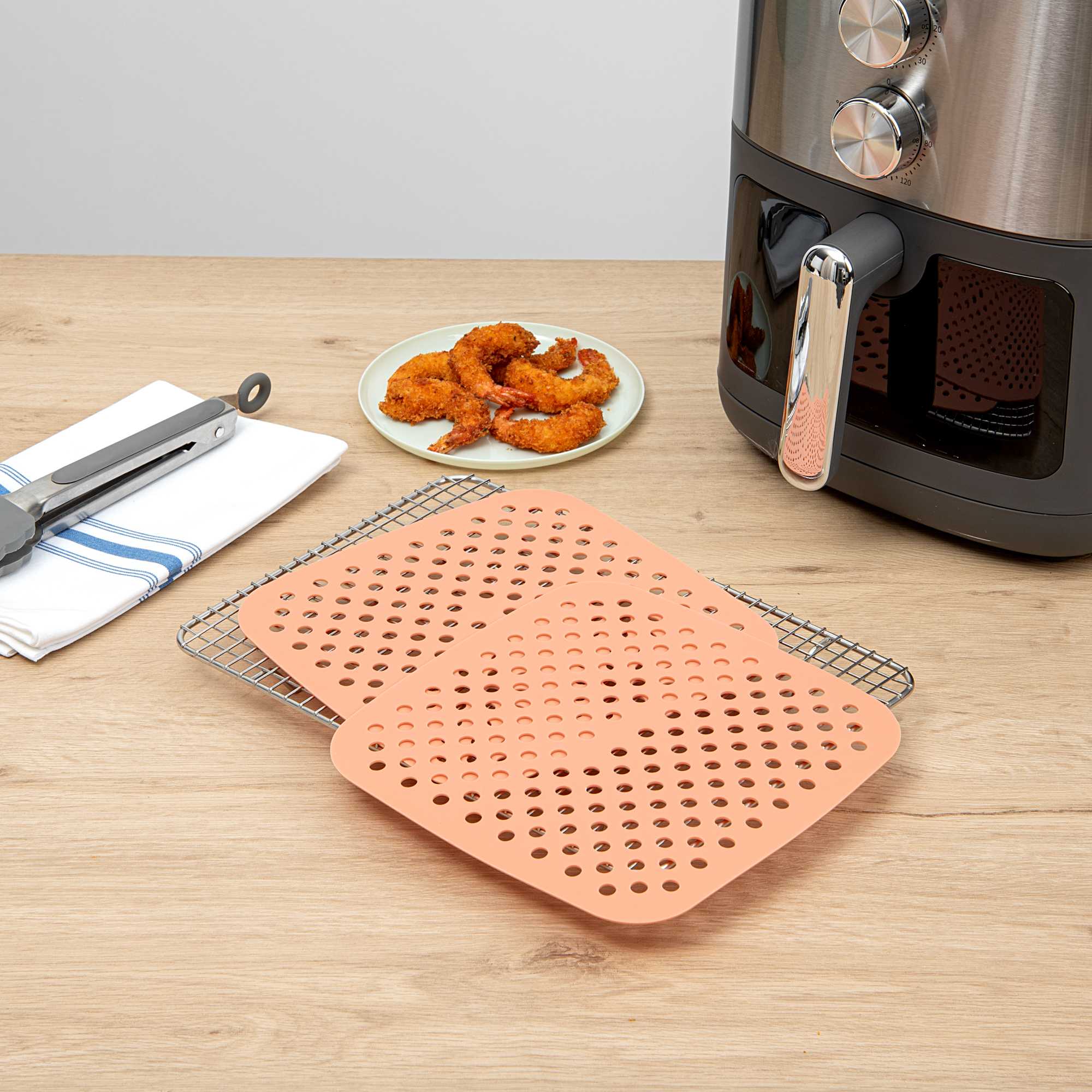 Pastry Tek Square Orange Reusable Silicone Air Fryer Liner - Non-Stick, For 5 qt or Bigger - 8 1/2" - 2 count box