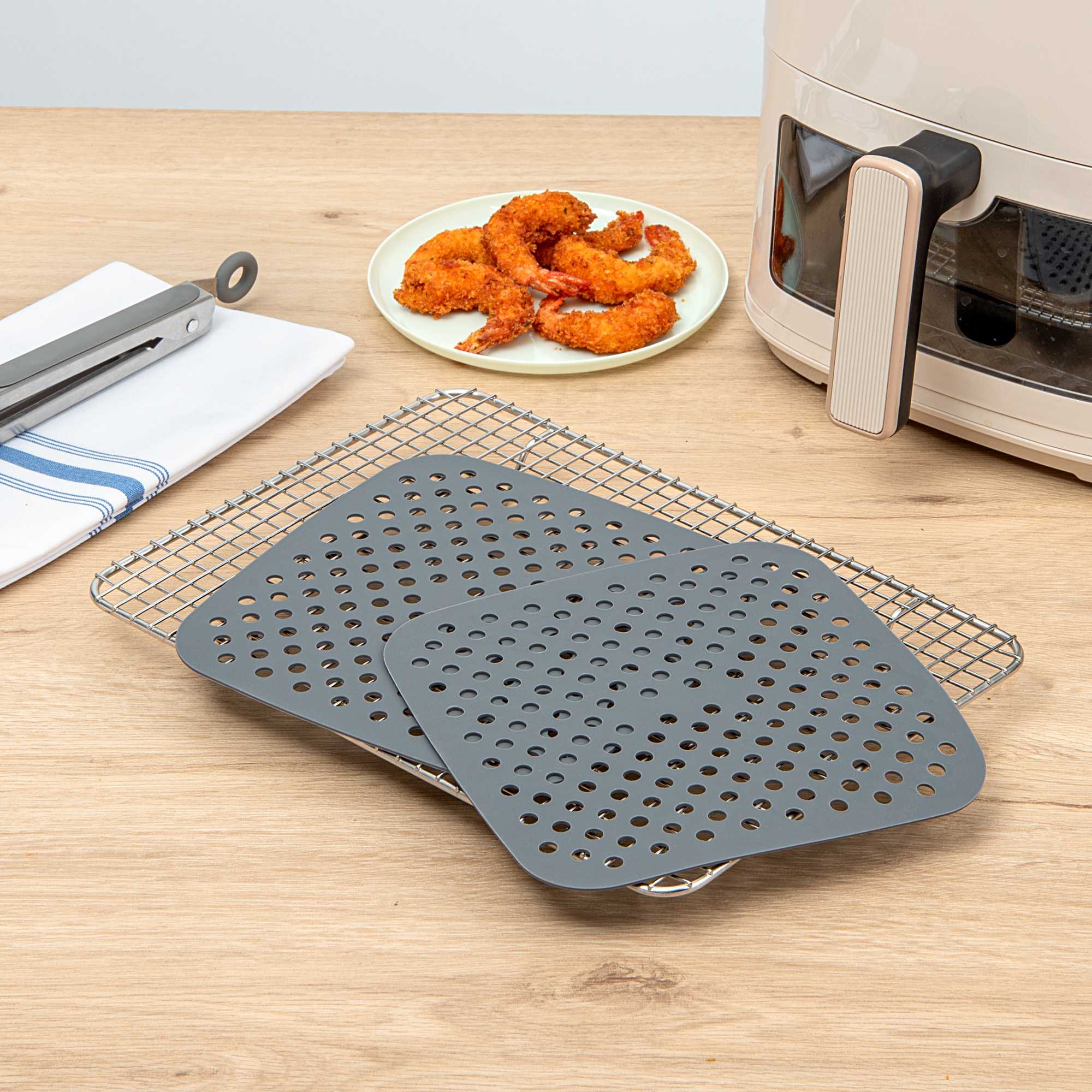 Pastry Tek Square Gray Reusable Silicone Air Fryer Liner - Non-Stick, For 3 qt or Bigger - 7 1/2" - 2 count box